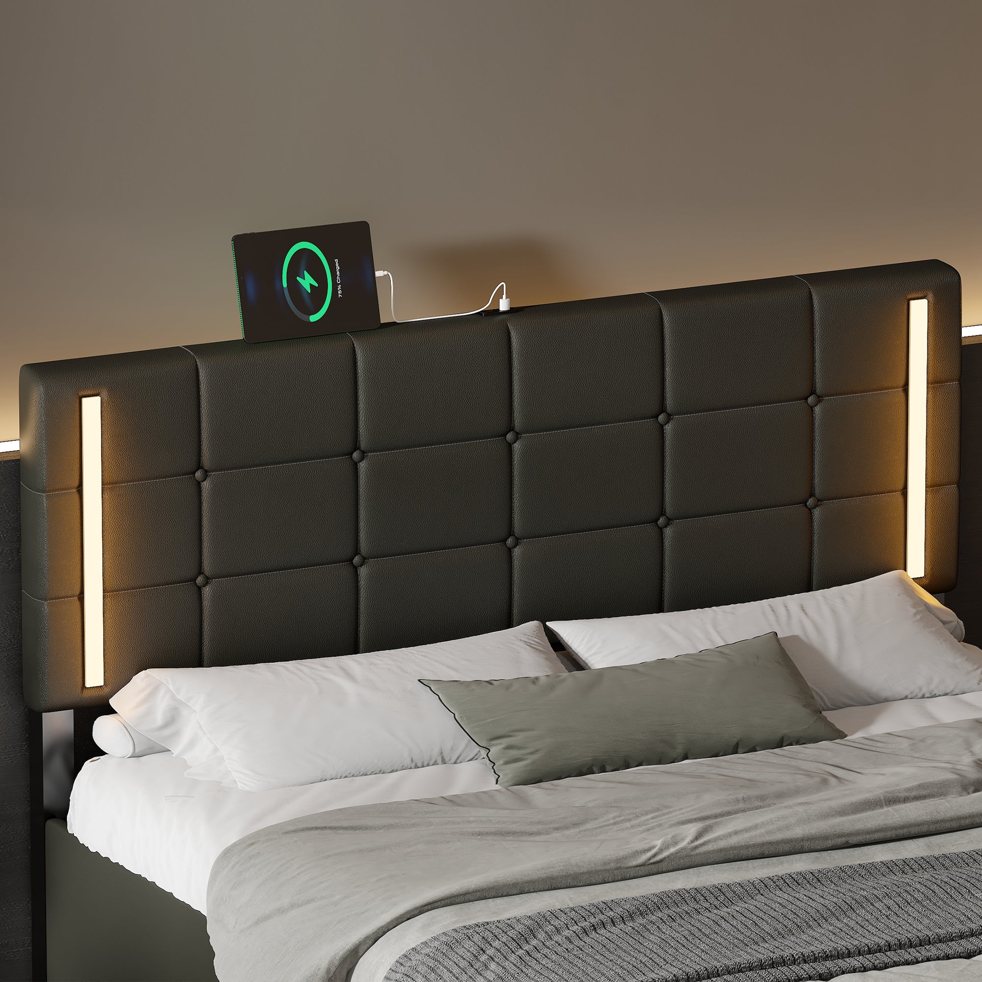 Queen Size Upholstered Bed with LED Lights,Hydraulic Storage System and USB Charging Station,Black