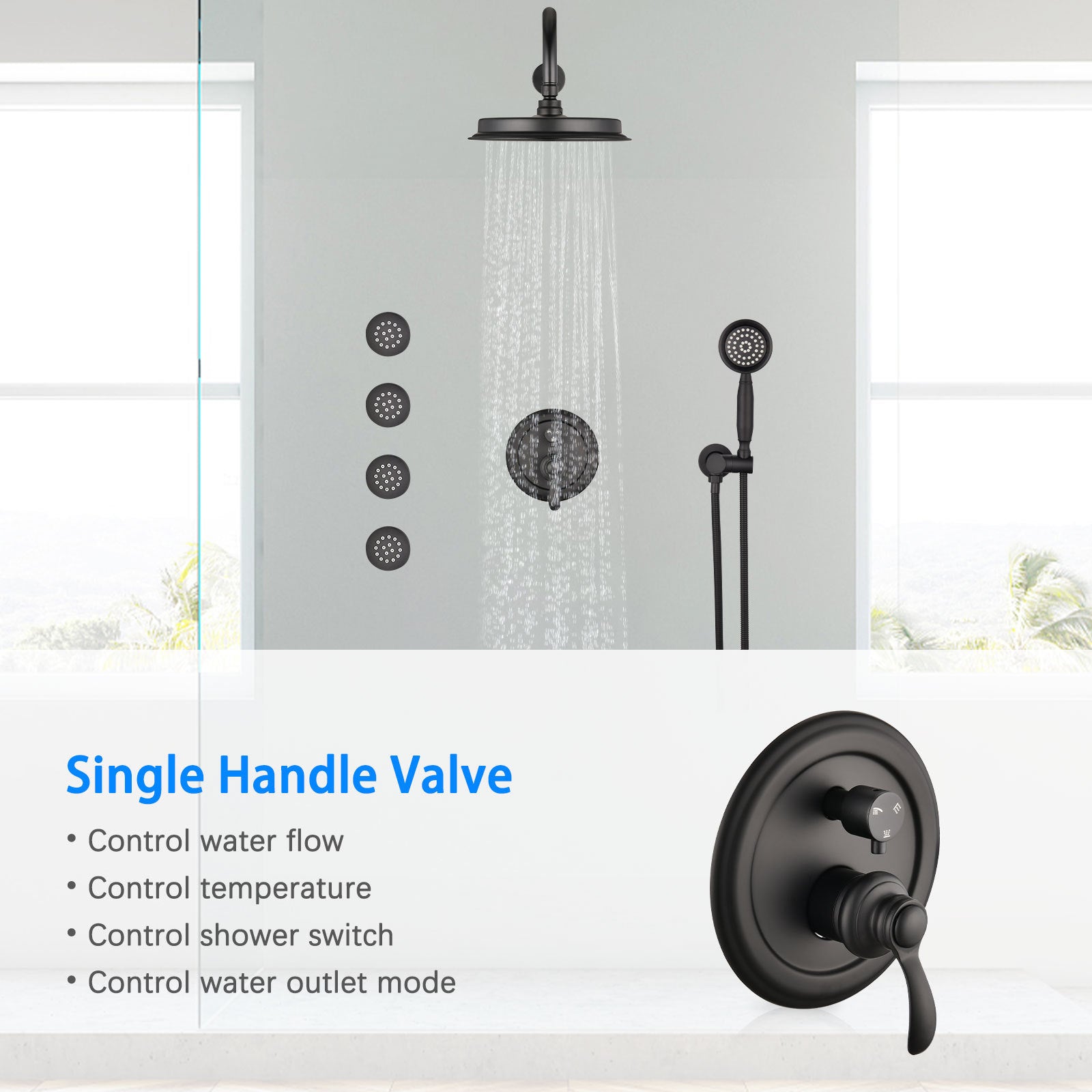 Single-Handle 4-Spray Patterns Bathroom Rain Shower Faucet with Body Jet Handshower in Matte Black (Valve Included)