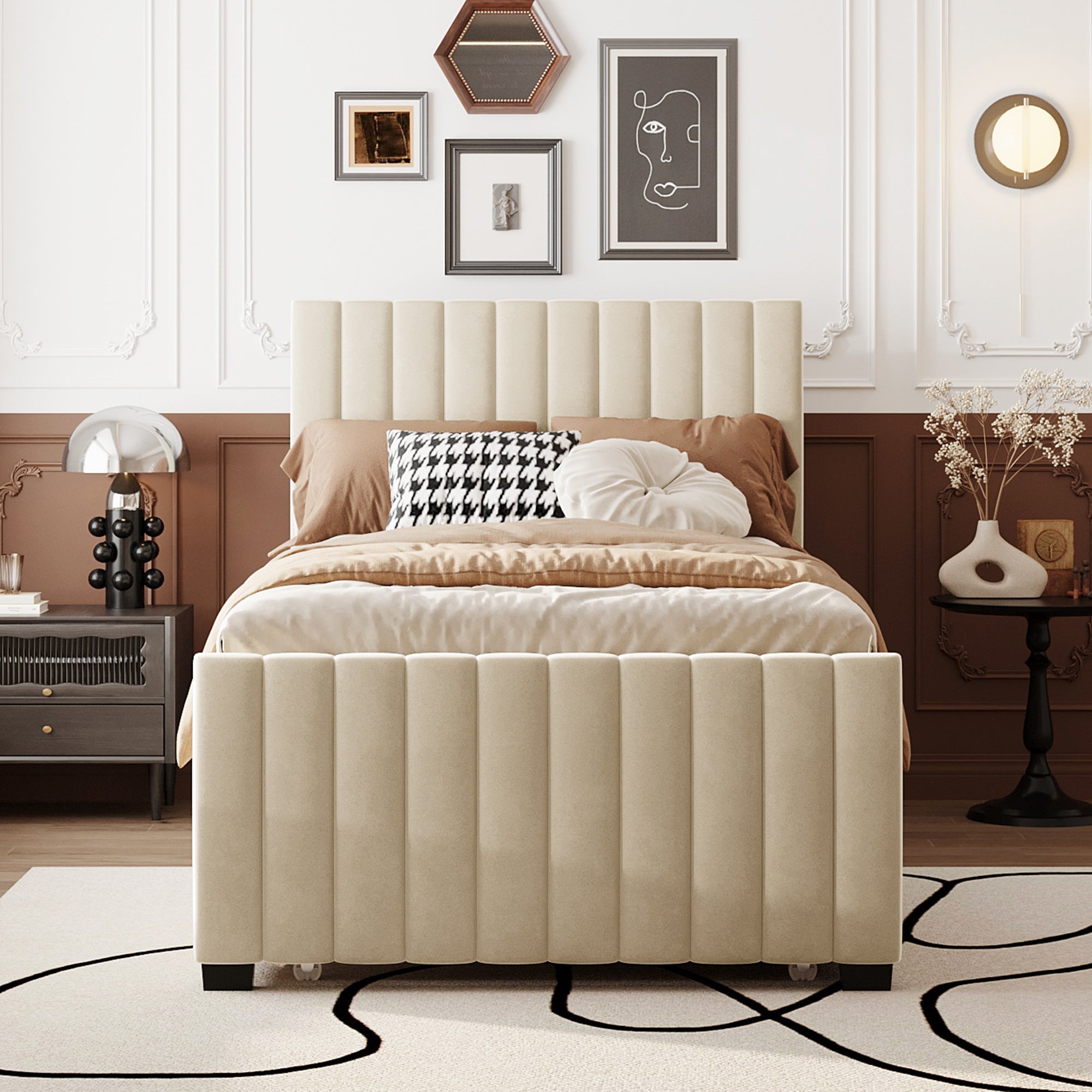 Twin Size Velvet Upholstered Platform Bed with Twin Size Trundle, Beige