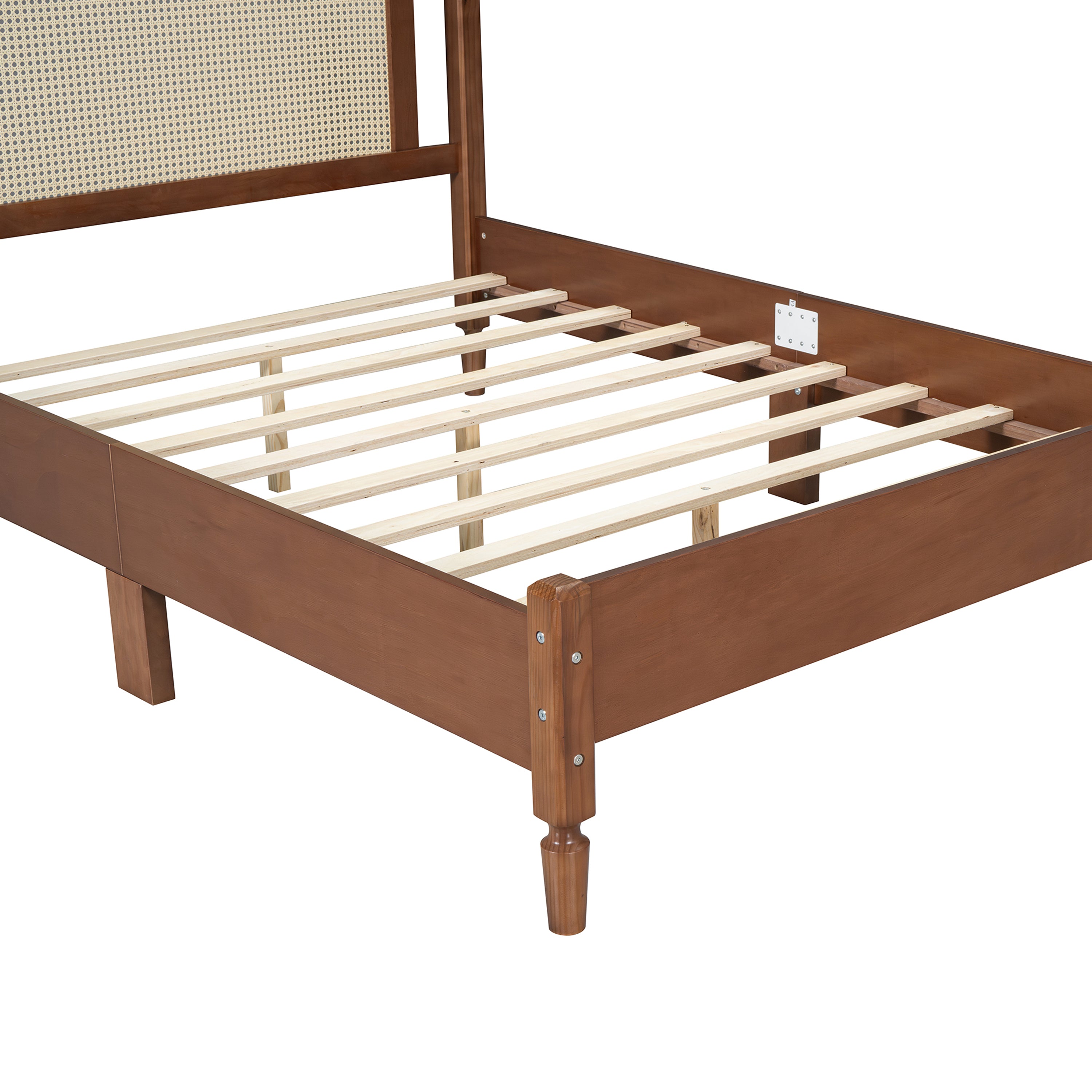 Full Size Wooden Platform Bed with Natural Rattan Headboard, Vintage Bed Frame with Wooden Slat Support, Walnut