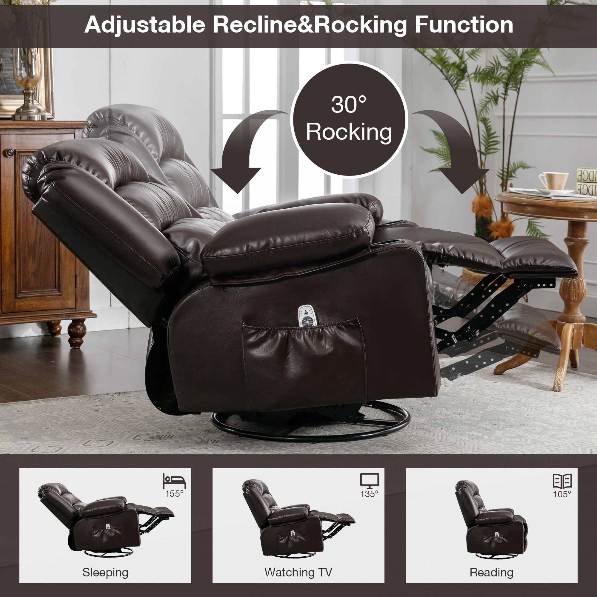 Massage Swivel Rocker Recliner Chair with Vibration Massage and Heat Ergonomic Lounge Chair for Living Room with Rocking Function and Side Pocket   2 Cup Holders USB Charge Port ,BROWN