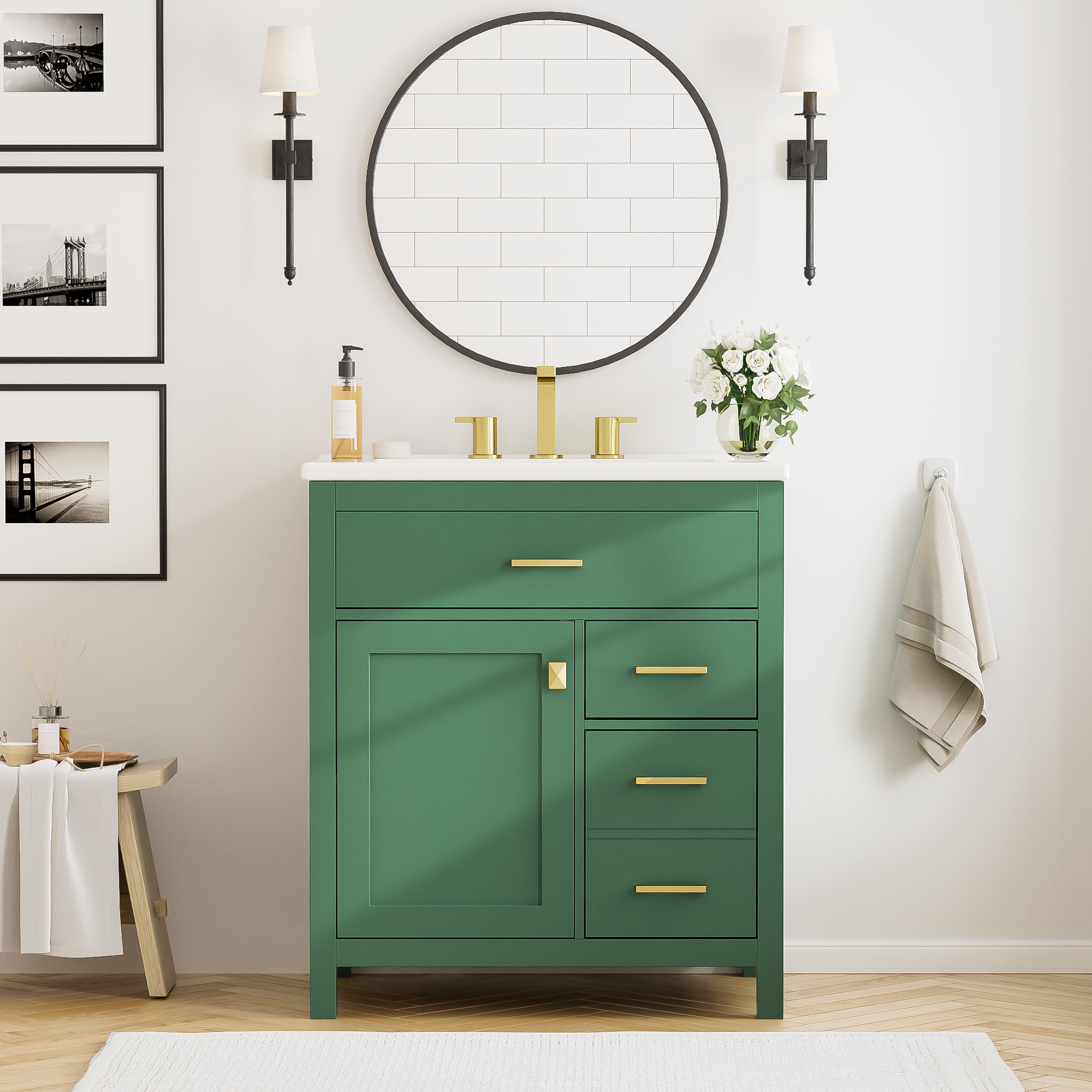 30-Inch Green Bathroom Vanity with Ceramic Sink and Ample Storage - Ideal Choice for Small Bathrooms