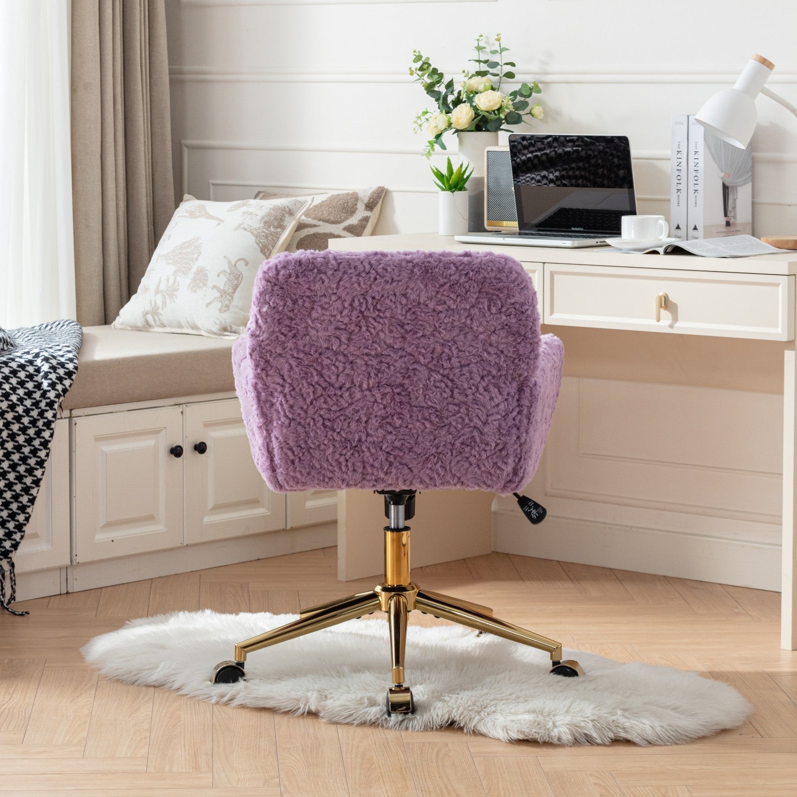 A&A Furniture Office Chair,Artificial rabbit hair Home Office Chair with Golden Metal Base,Adjustable Desk Chair Swivel Office Chair,Vanity Chair(Violet)