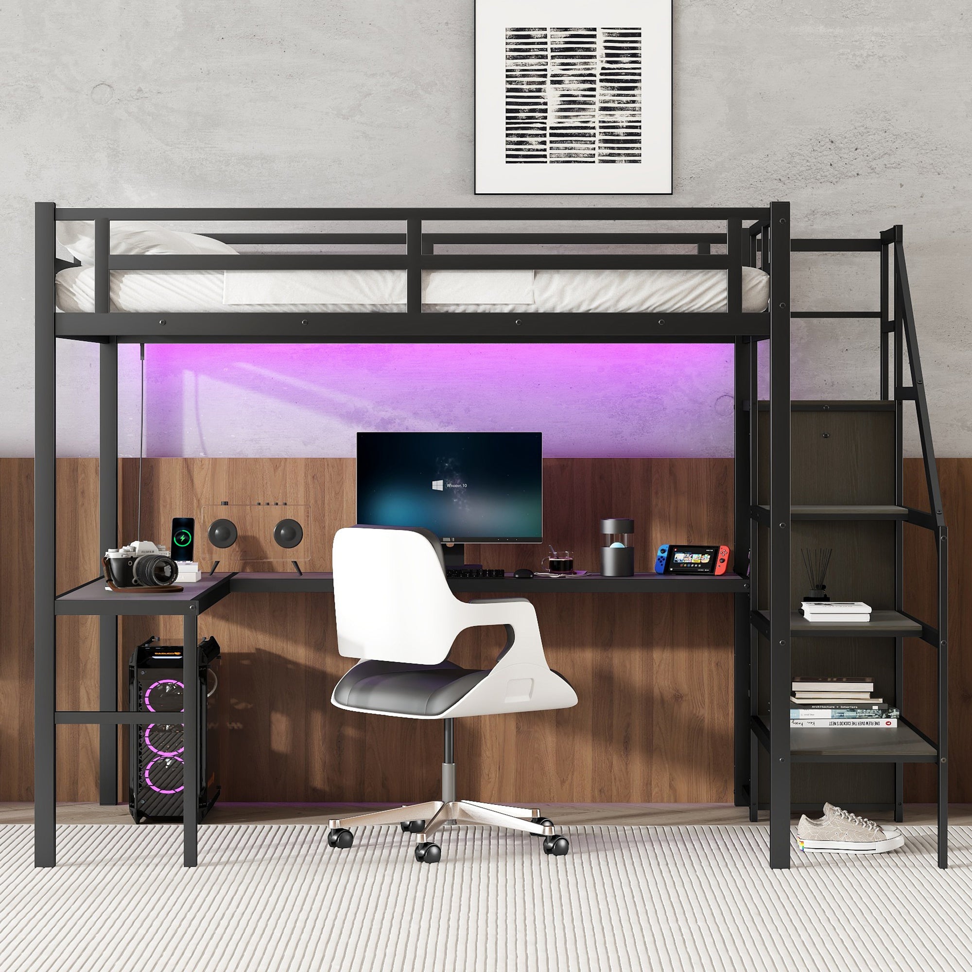 Full XL Size Loft Bed with L-shaped Desk and USB, Metal Loft Bed with Wardrobe and Adjustable Shelf, High Loft Bed with LED for Kids Teens Adults, Black(Expect Arrive 2024/10/10)