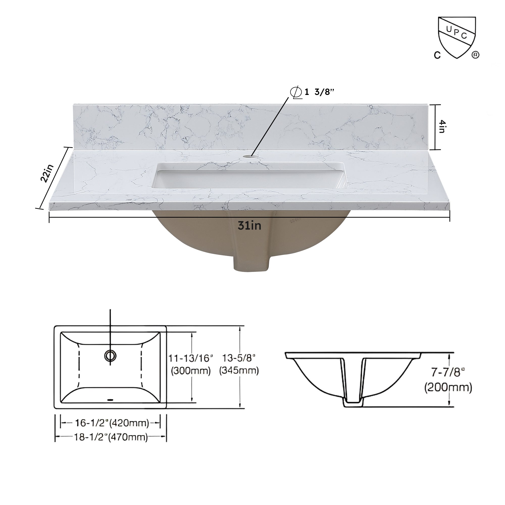 Montary 31"x 22" bathroom stone vanity top Carrara  jade engineered marble color with undermount ceramic sink and single faucet hole with backsplash