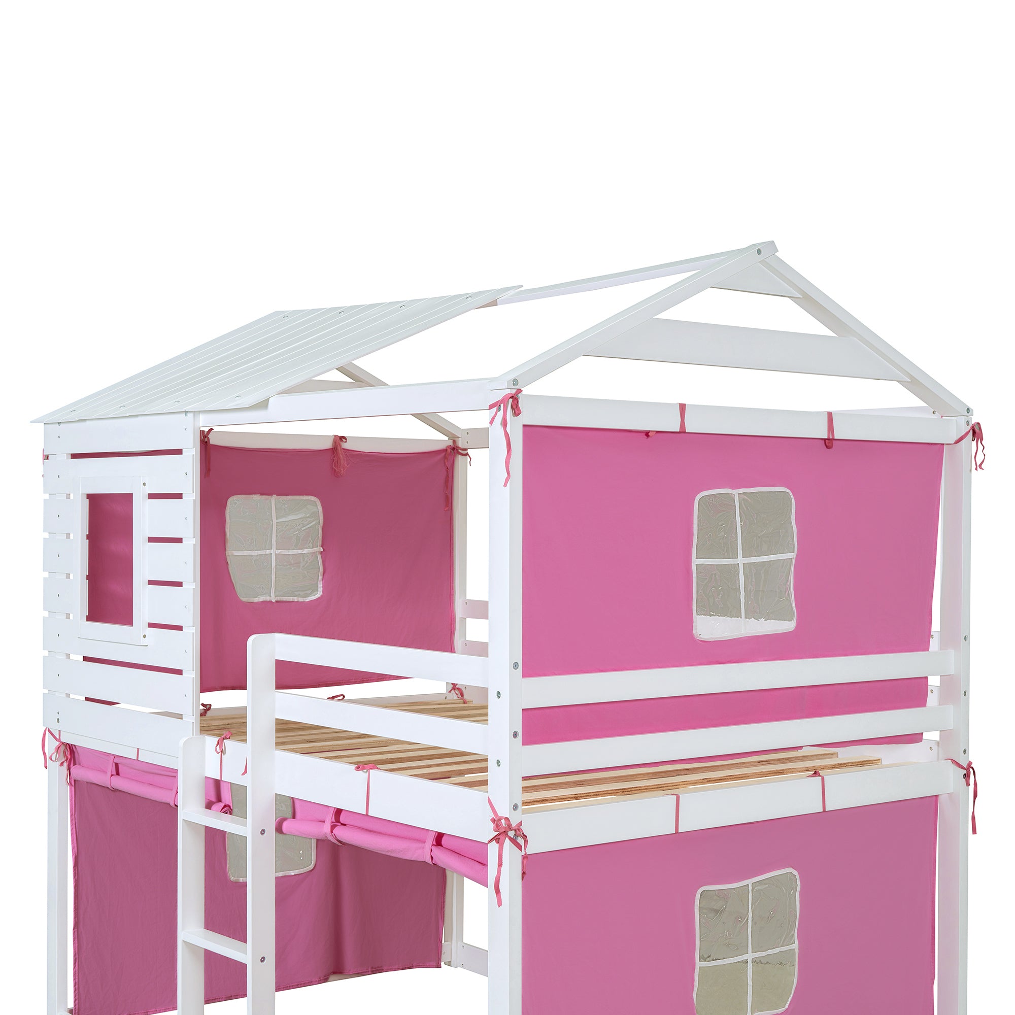 Full Size Bunk Wood House Bed with Tent, Pink+White