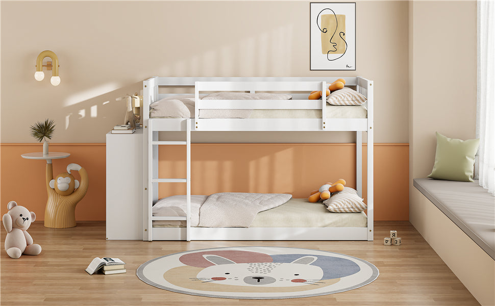 Twin over Twin Bunk Bed with 4 Drawers and 3 Shelves-White