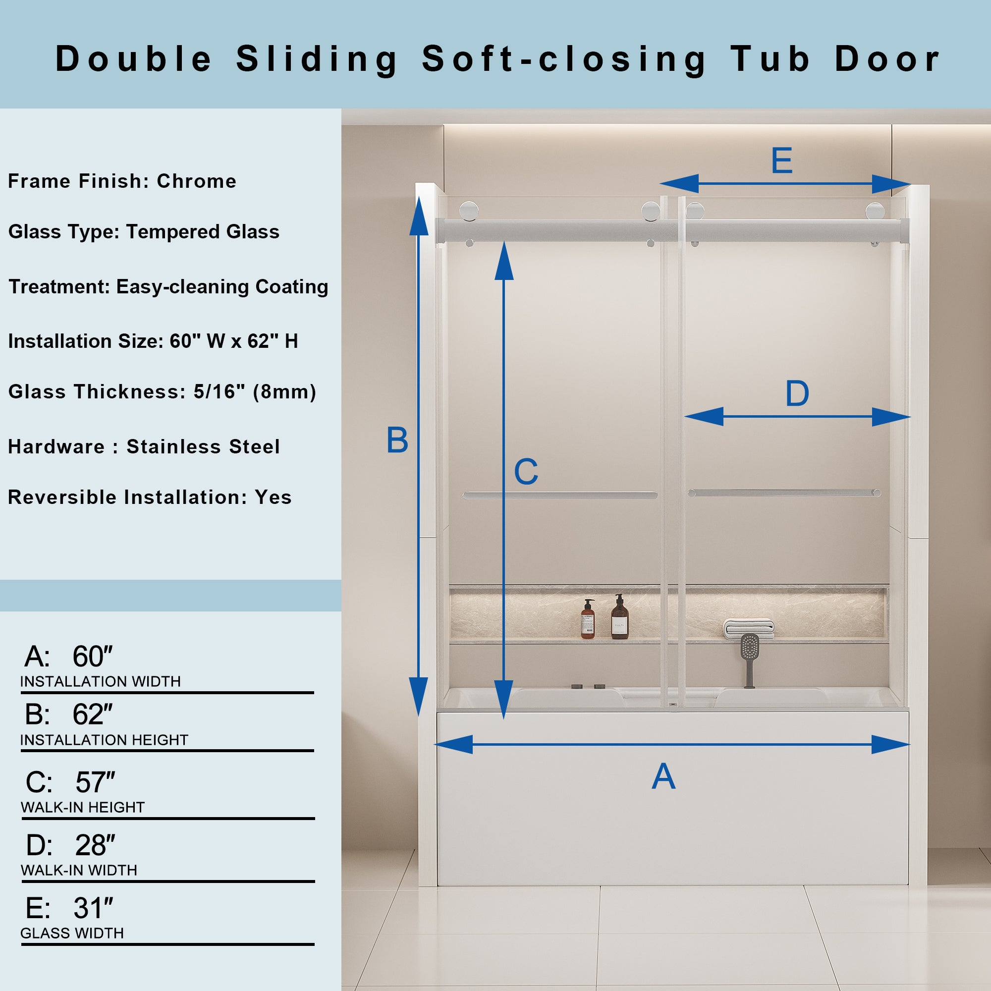 56-60"W x 62"H Frameless Double Sliding Tub Door, Bypass Tub Shower Door Soft Closing, Chrome 24D02-T60CHX