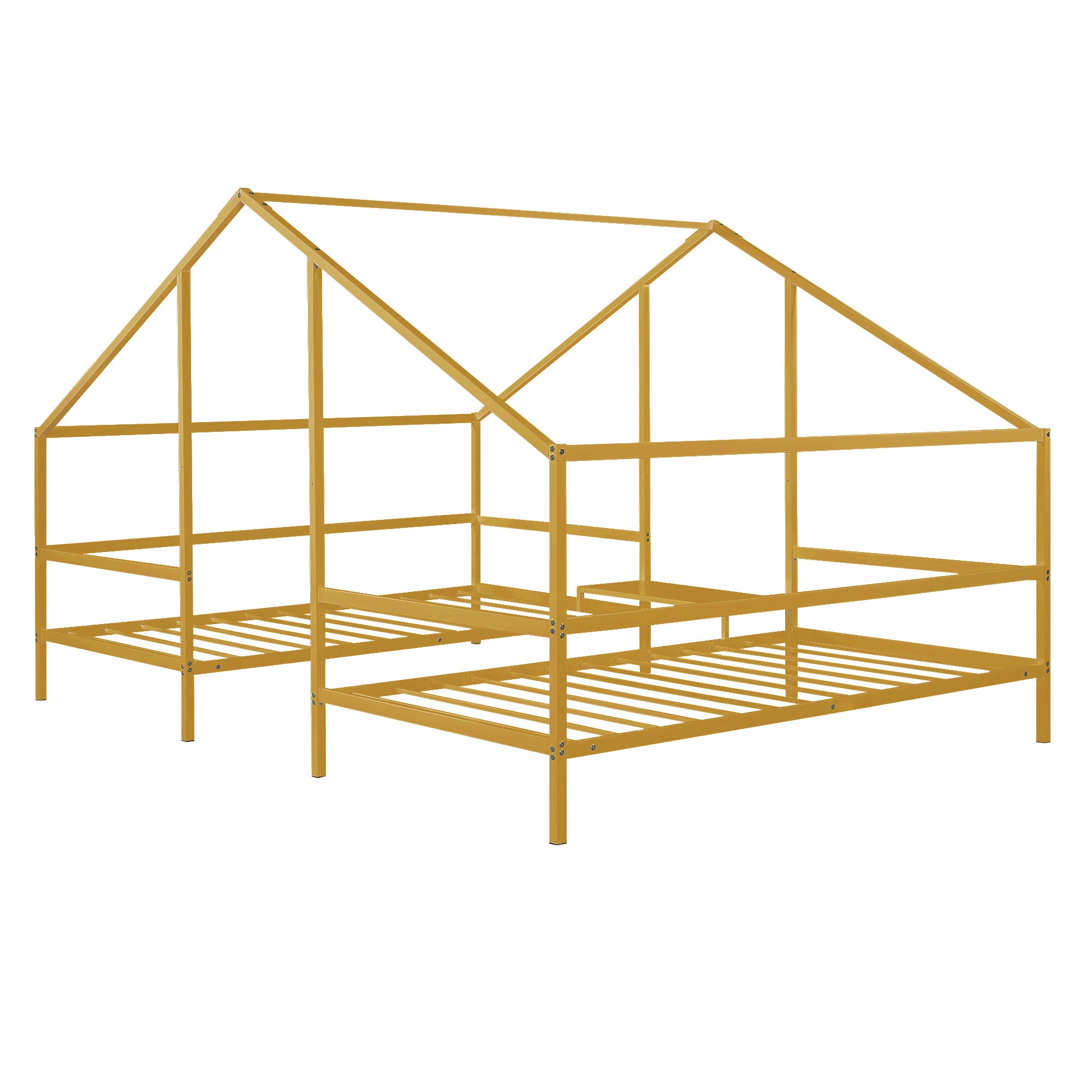 Metal Double Twin Size Triangular House Beds with Built-in Table, Gold