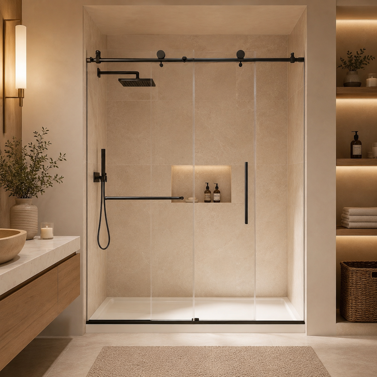 56-60 x 76 in Stainless Rail Frameless Sliding Shower Door - 56-60 x 76 in / Matte Black / Round Rail view 1