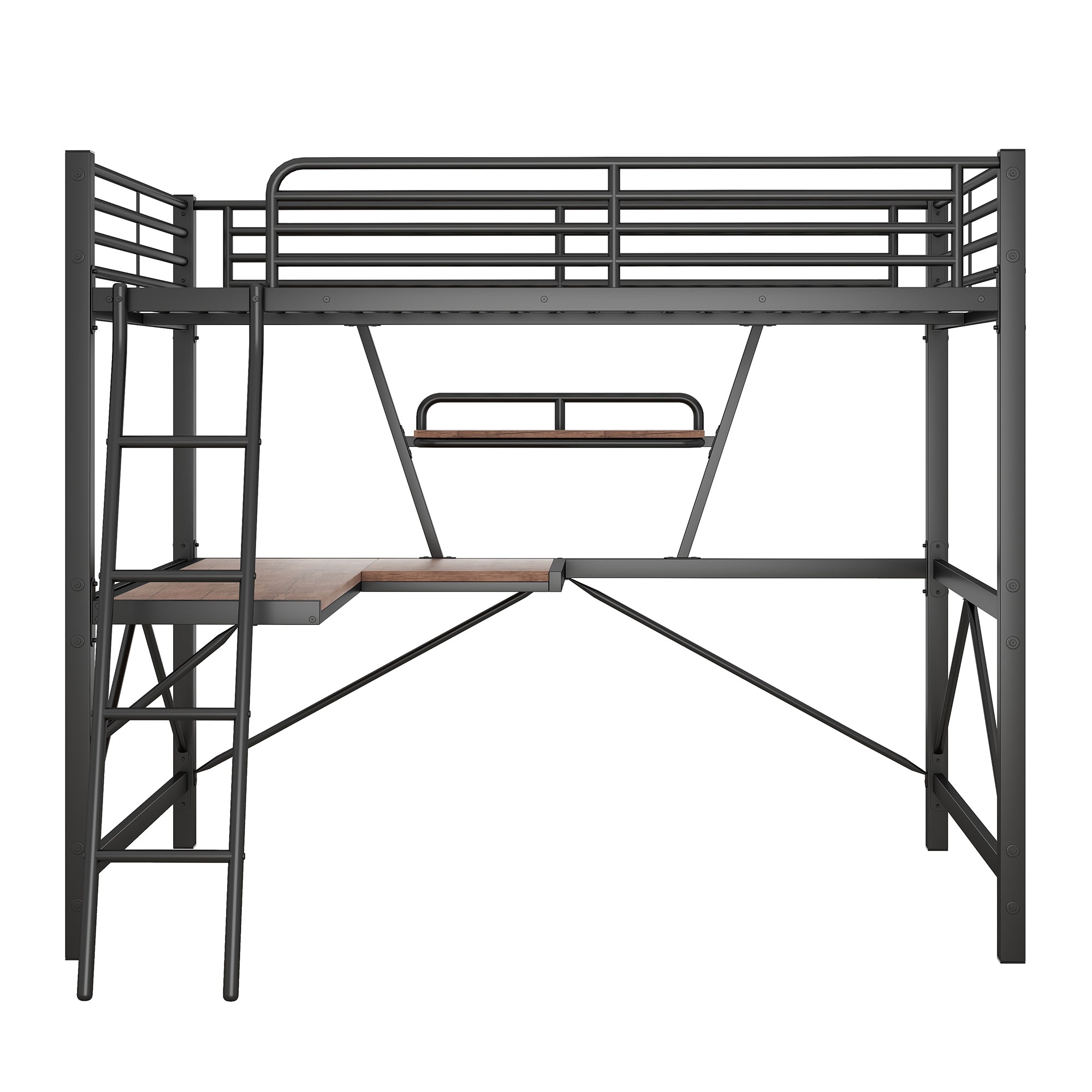 Full Size Loft Metal&MDF Bed with Desk and Shelf, Black