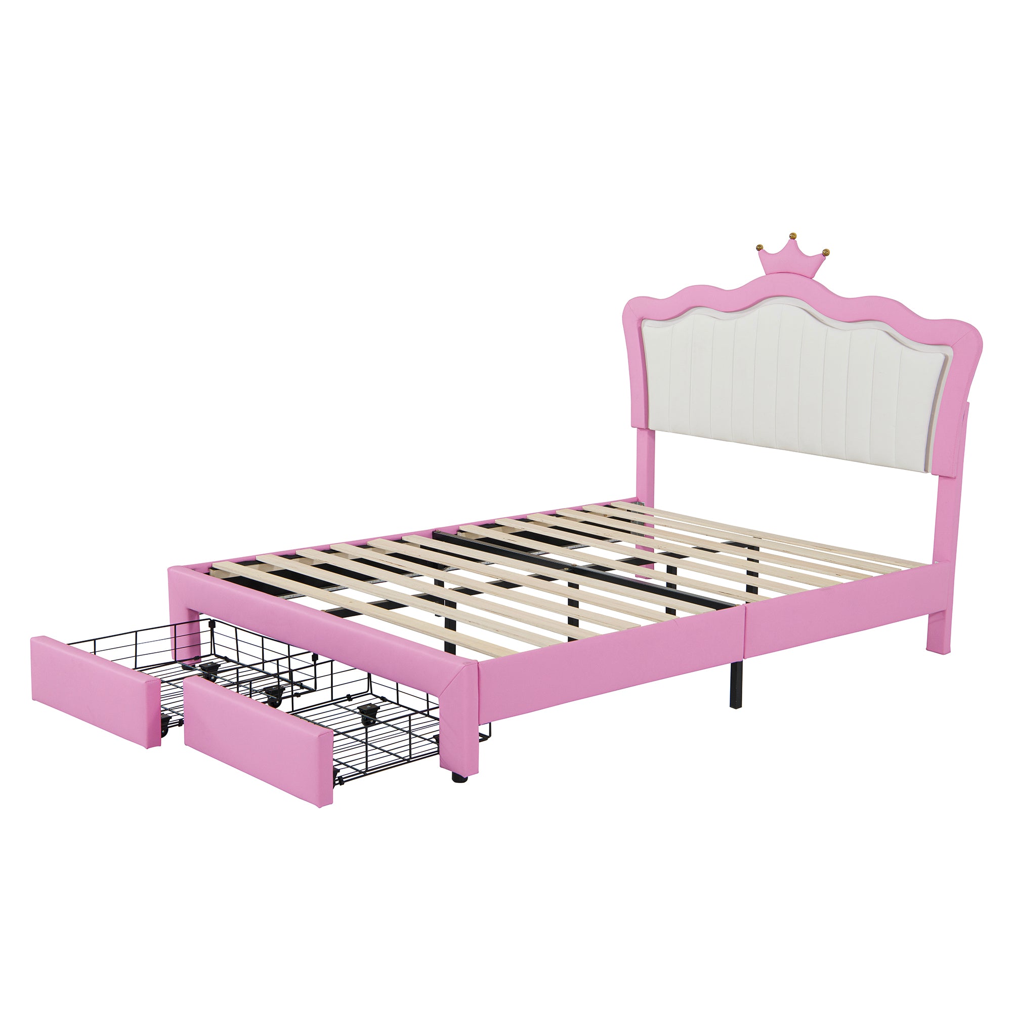 Full Size Upholstered Bed Frame with LED Lights, Modern Upholstered Princess Bed with Crown Headboard, 2 Drawers, Pink+White