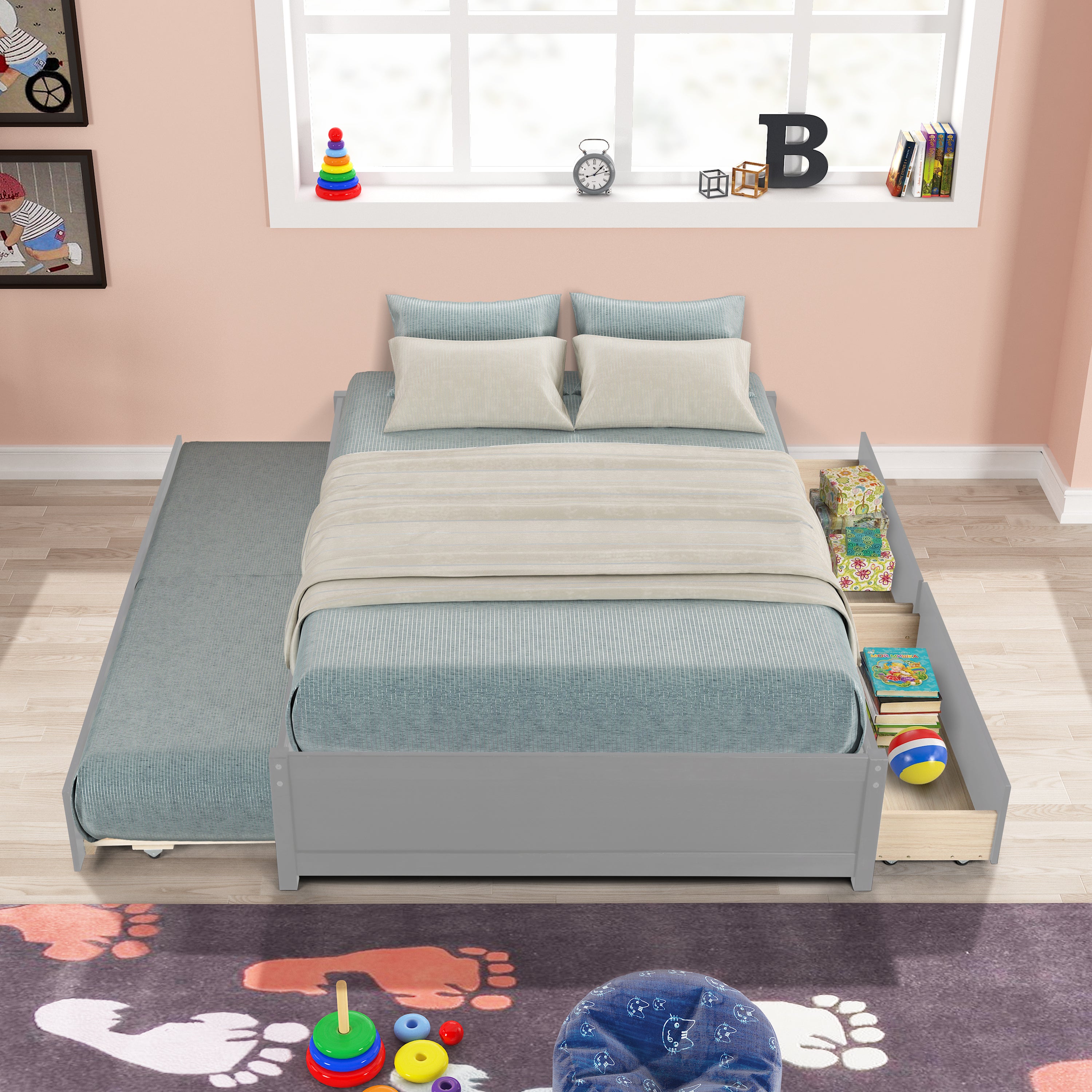 FULL BED WITH TWIN SIZE TRUNDLE AND TWO DRAWERS FOR GREY COLOR