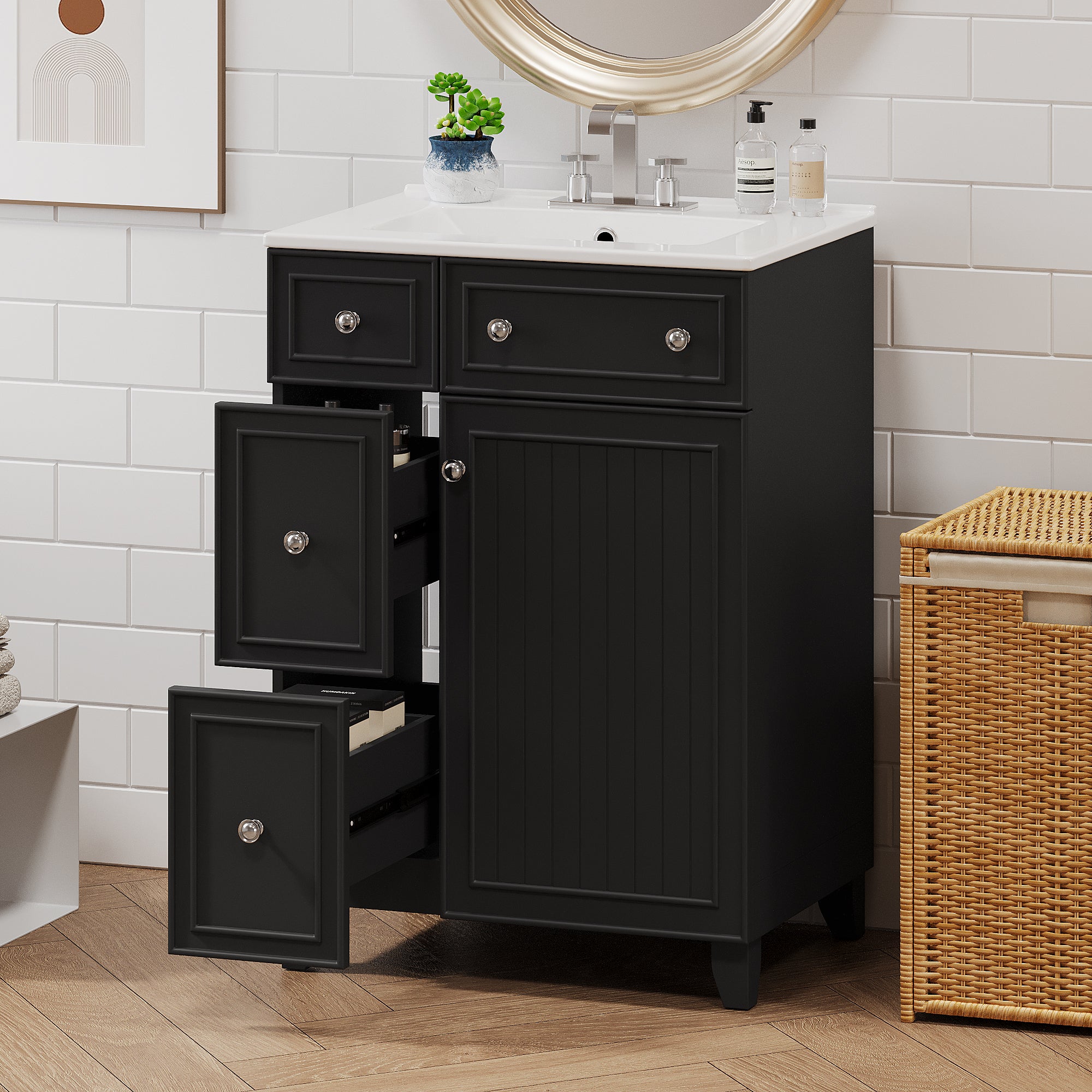 24-inch bathroom vanity ceramic sink and 2 drawers, angled view