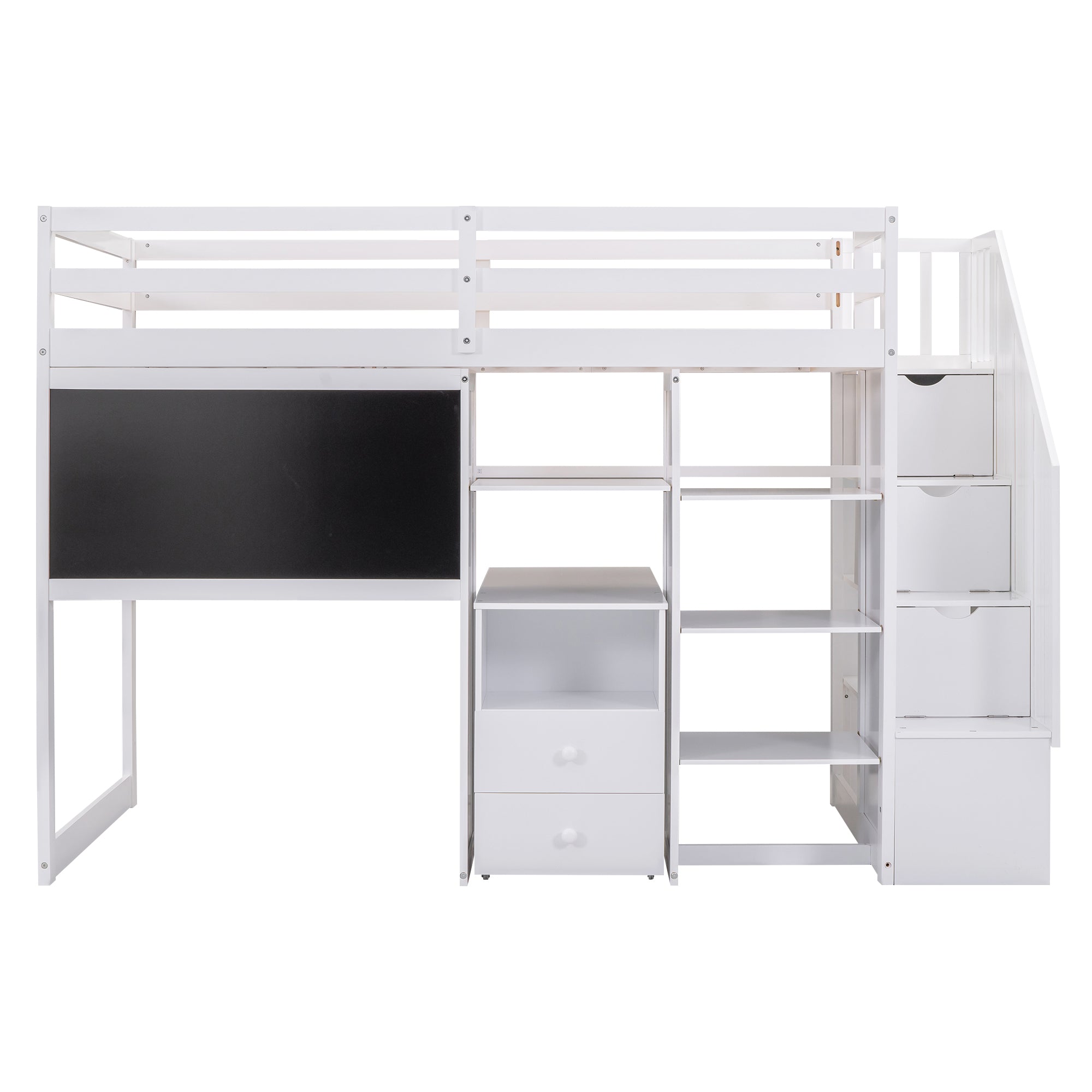 Twin Size Loft Bed with Pullable Desk and Storage Shelves,Staircase and Blackboard,White