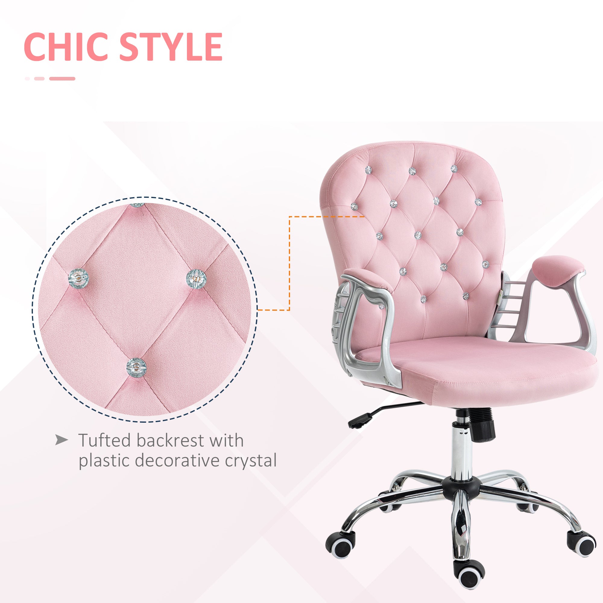 Vinsetto Velvet Home Office Chair, Button Tufted Desk Chair with Padded Armrests, Adjustable Height and Swivel Wheels, Pink