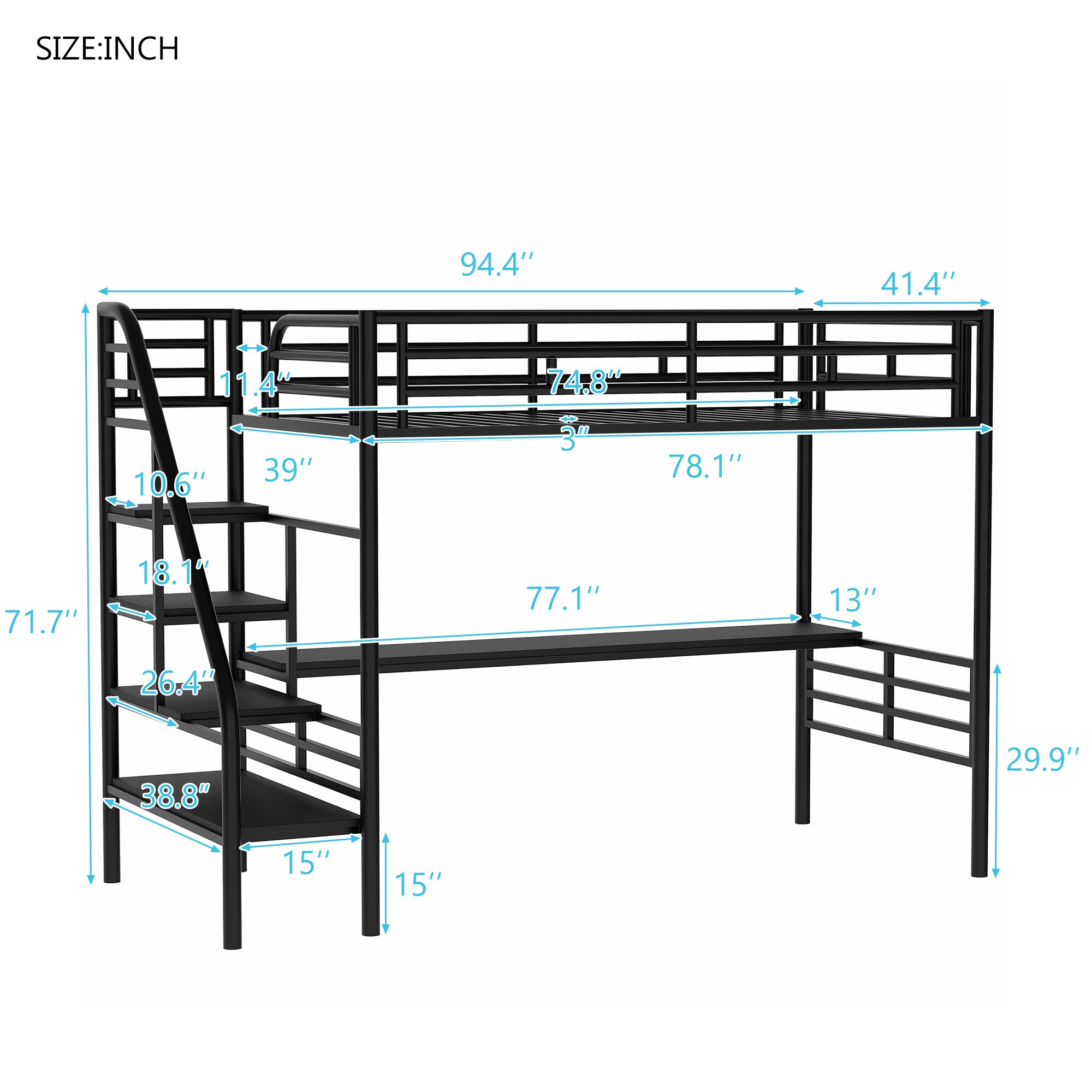 Metal Loft Bed Frame with Desk, No Box Spring Needed,Twin ,Black