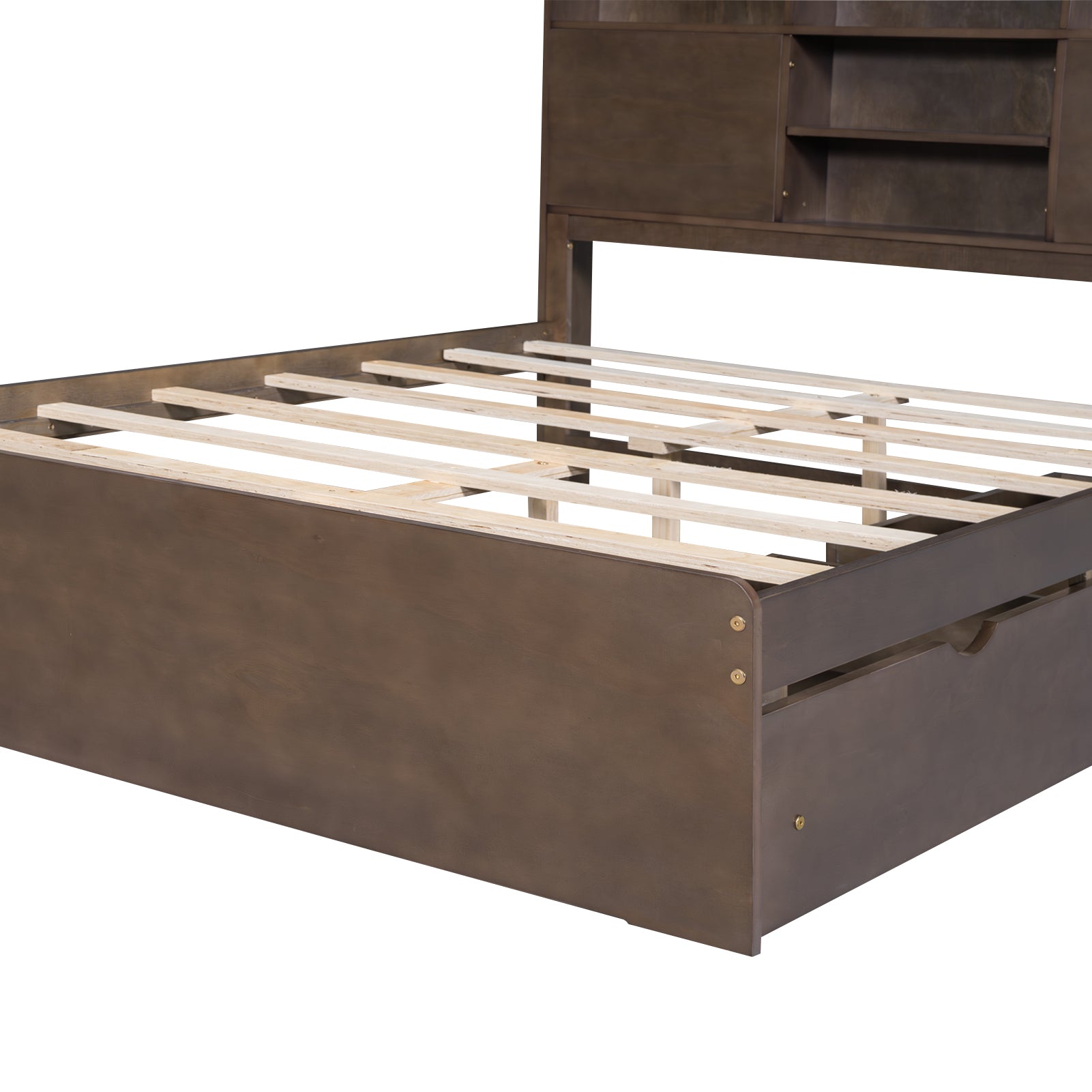 Full Size Wood Platform Bed with House-shaped Storage Headboard and 2 Drawers, Walnut