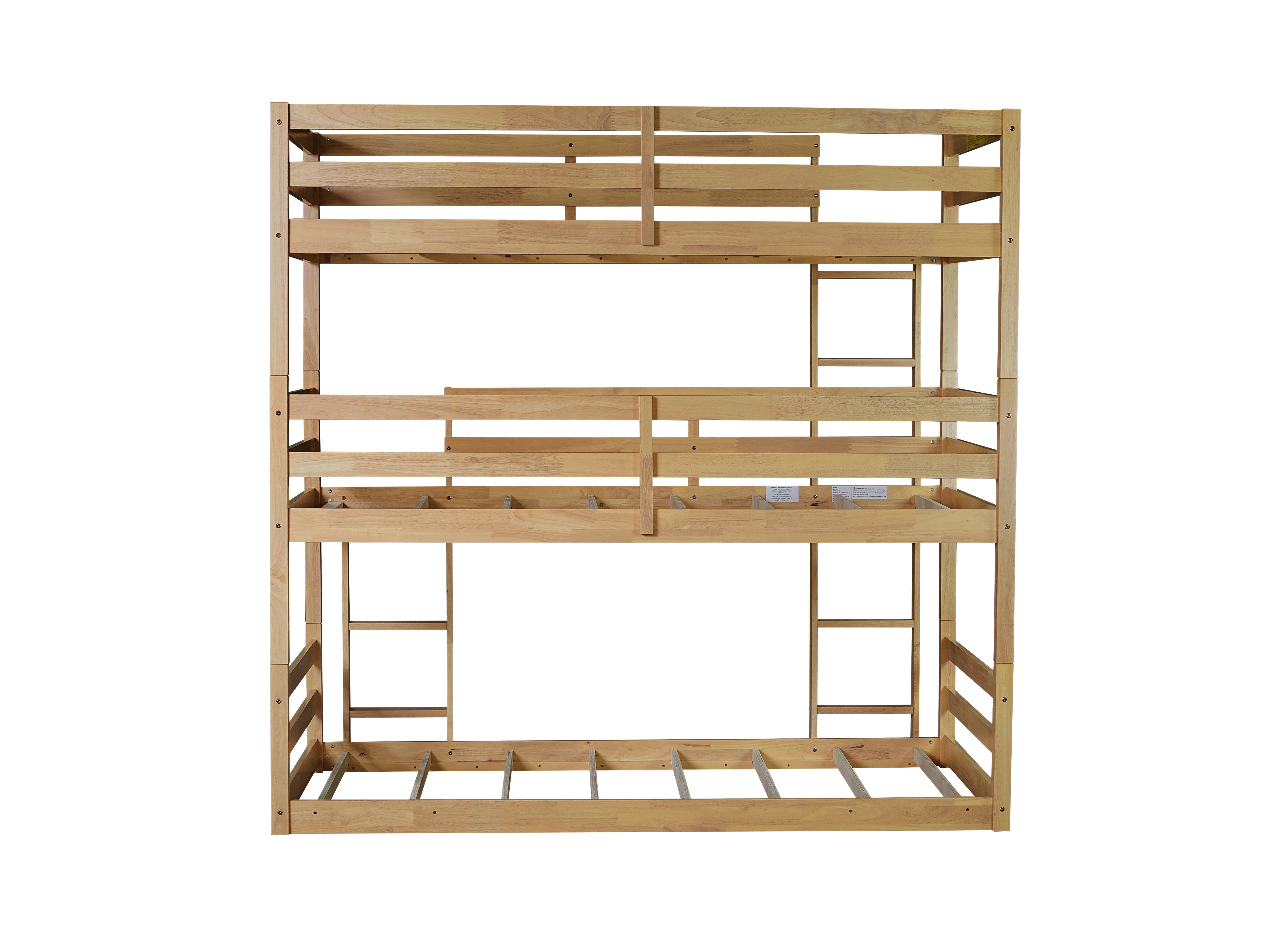 Triple twin natural rubber wood bunk bed with built-in ladders detail