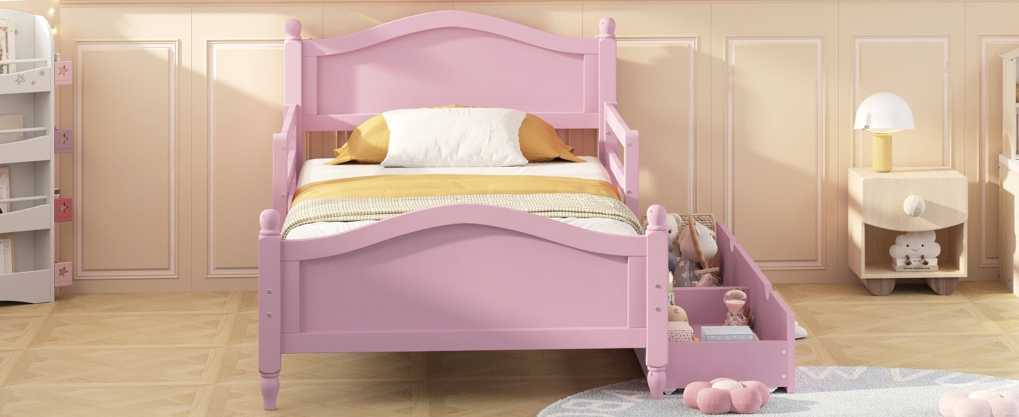 Twin Size Wood Platform Bed with Guardrails on Both Sides and Two Storage Drawers ,Pink