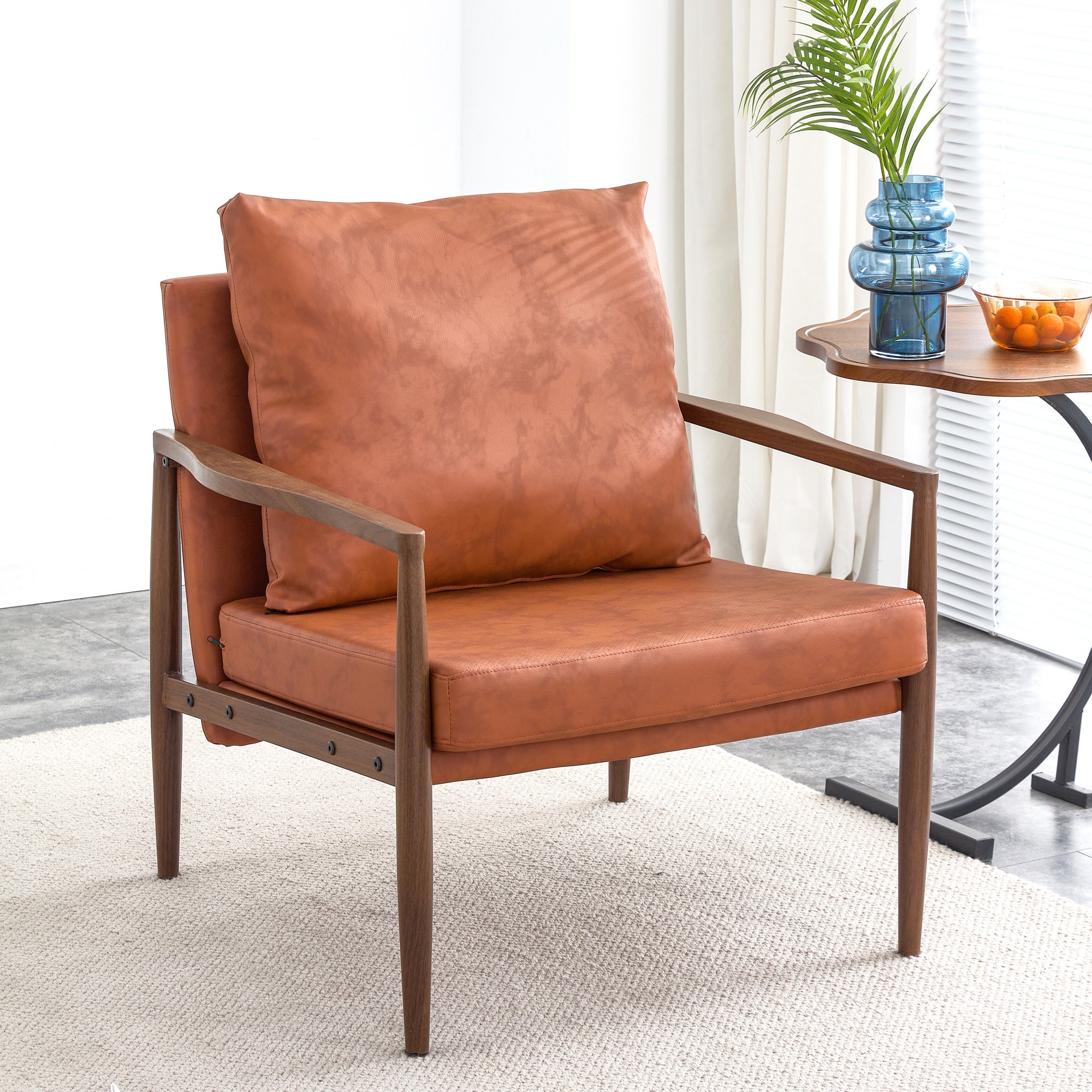 PU Leather Accent Arm Chair Mid Century Modern Upholstered Armchair with Imitation solid wood Walnut color Metal Frame Extra-Thick Padded Backrest and Seat Cushion Sofa Chairs for Living Room SF-010