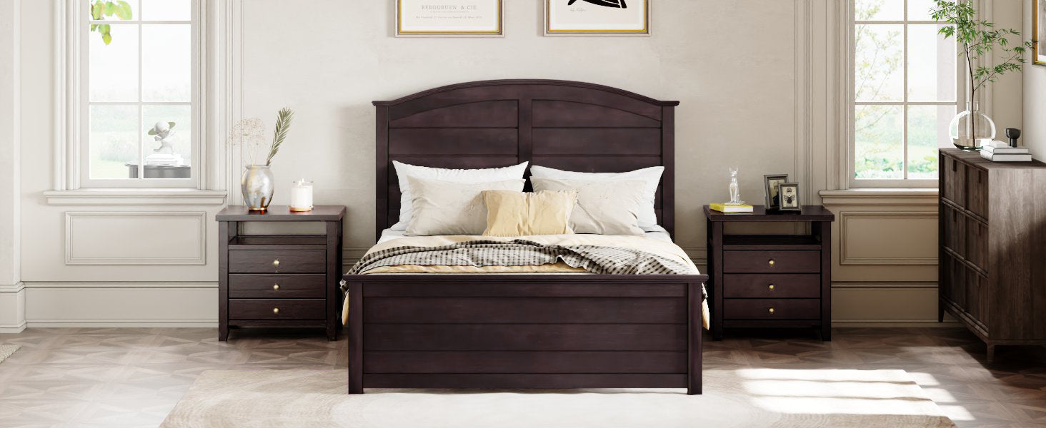 Farmhouse Wooden Platform Queen Size Bed with Curl Design Headboard and Footboard for Teenager, Espresso