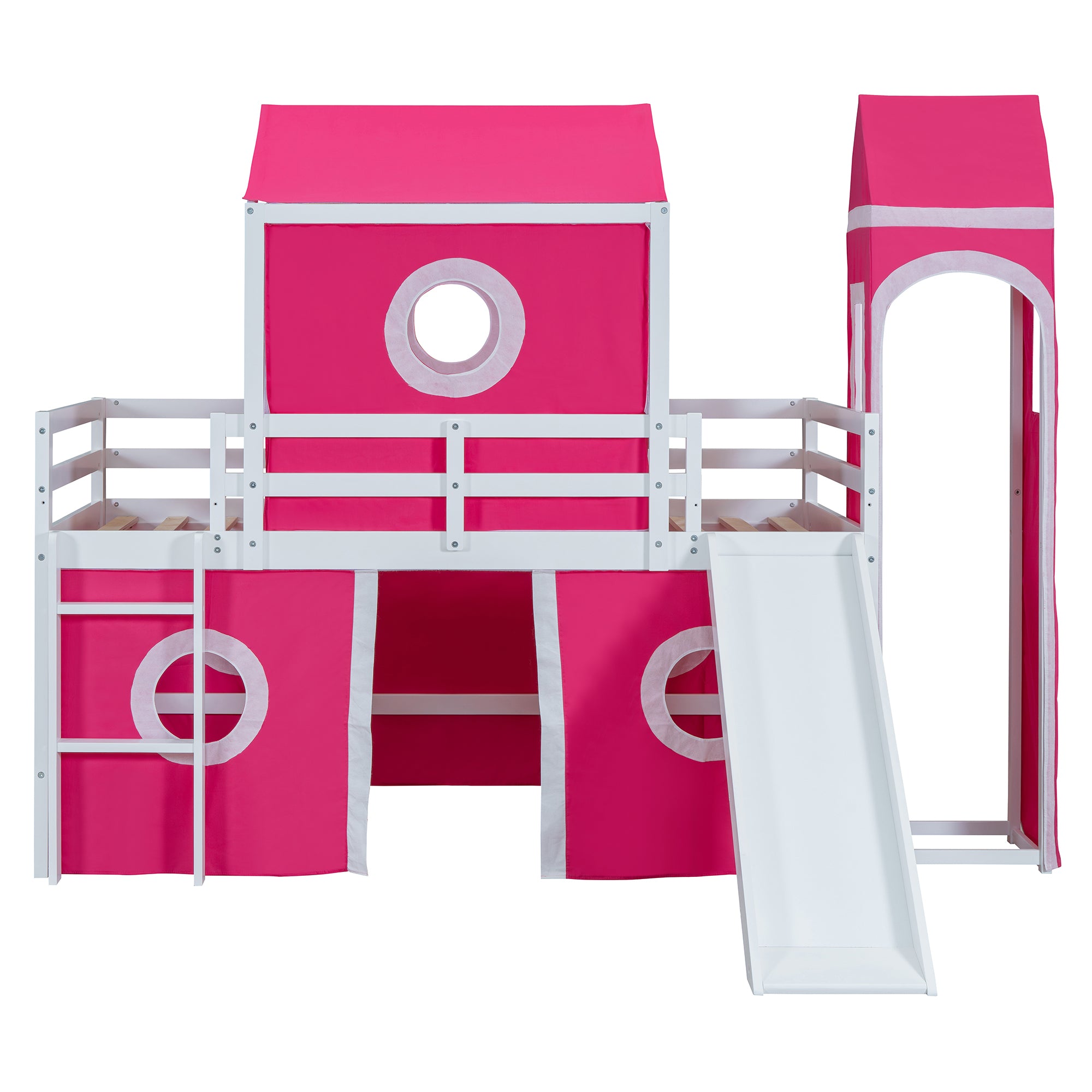 Twin Size Loft  Bed with Slide Pink Tent and Tower - Pink (OLD SKU:WF298769AAH)