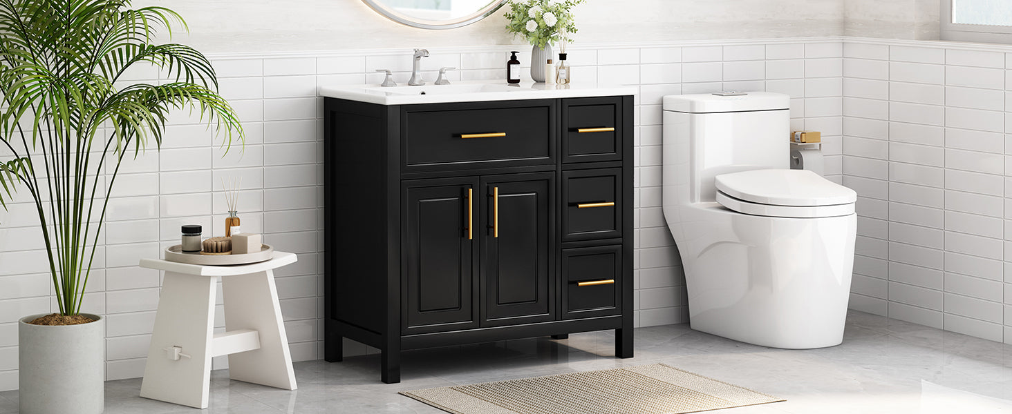 36" Bathroom Vanity with Sink Top, Bathroom Vanity Cabinet with Two Doors and Three Drawers, Solid Wood , MDF Boards ,One Package, Black