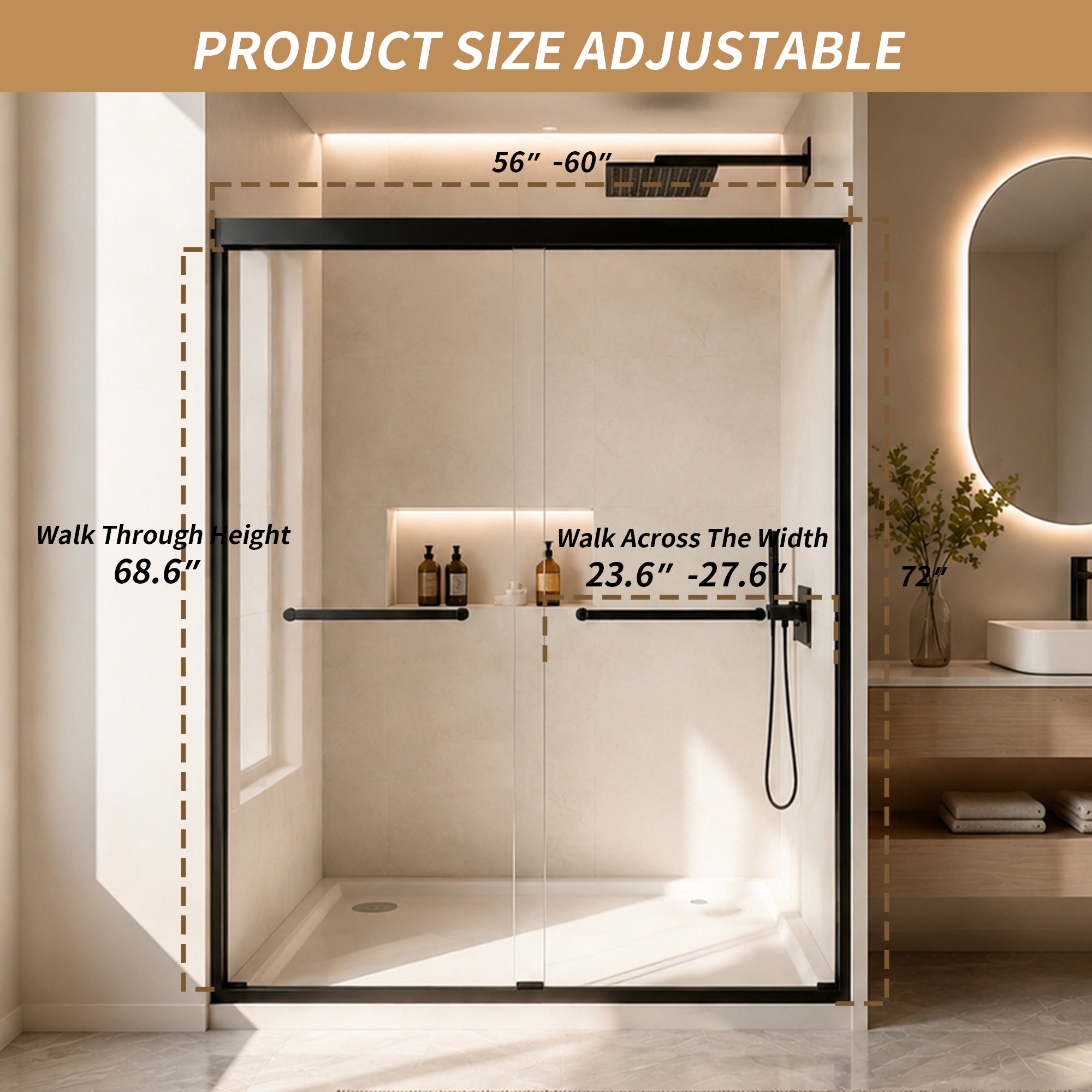 Double sliding shower door, 56-60 in. matte black framed, installed view