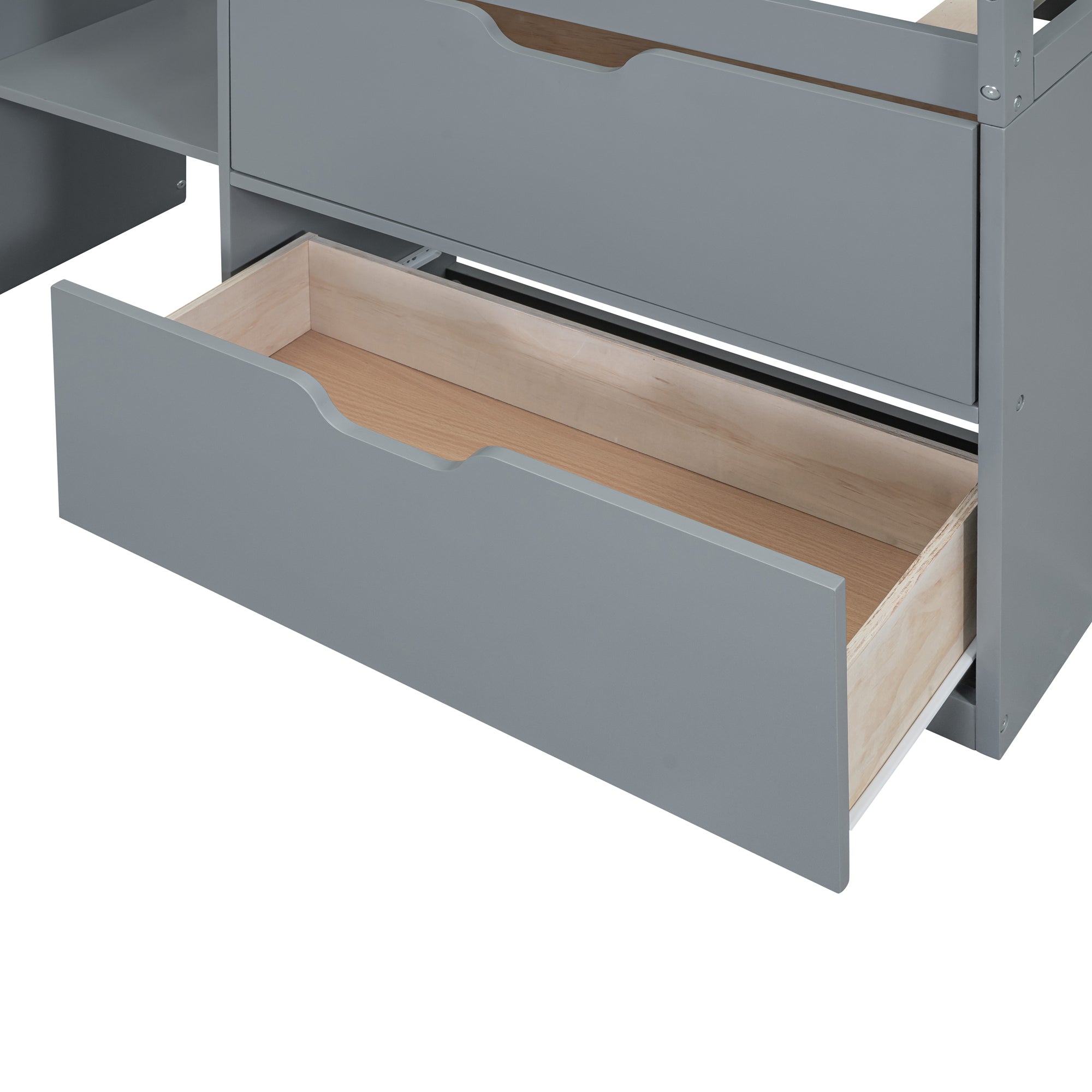 Twin Size Low Loft Bed with Rolling Desk, Shelf and Drawers - Gray