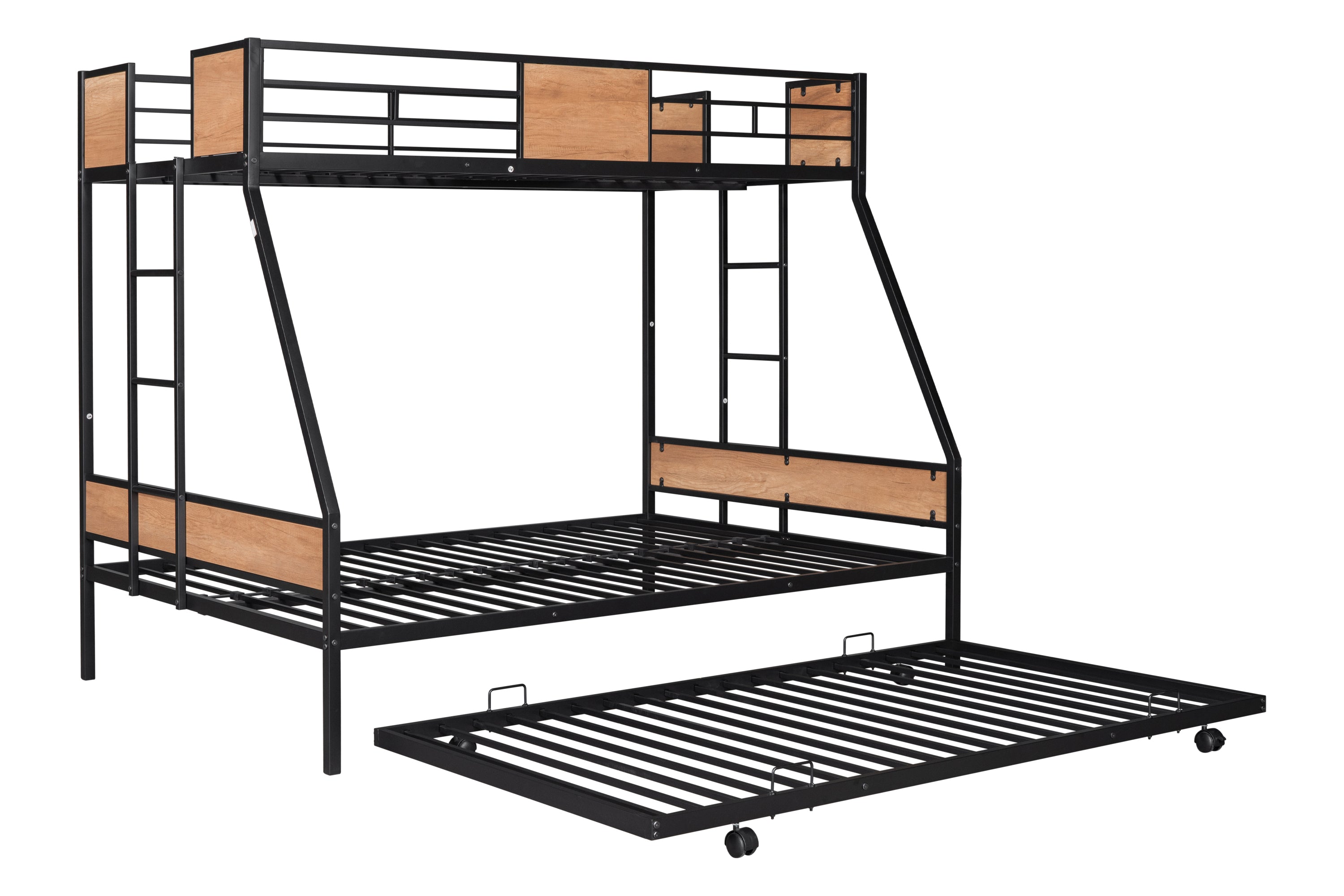 Metal Twin over Full Bunk Bed with Trundle/ Heavy-duty Sturdy Metal/ Noise Reduced/ Safety Guardrail/ Wooden Decoration/ Convenient Trundle / Bunk Bed for Three/ CPC Certified/ No Box Spring Needed