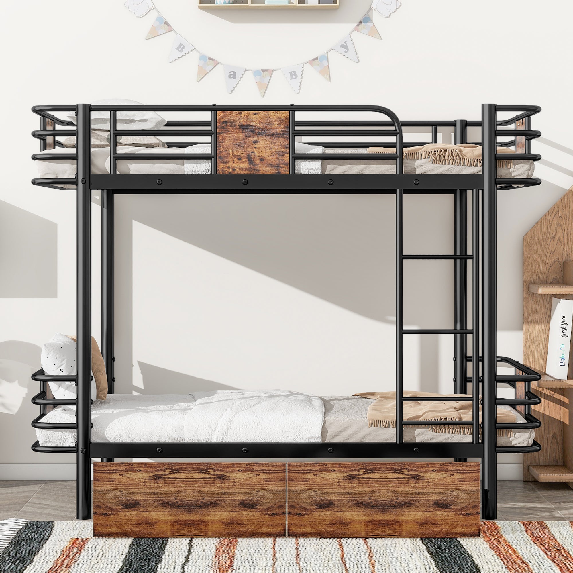 Twin XL over Twin XL Metal Bunk Bed with MDF Board Guardrail and Two Storage Drawers,Black