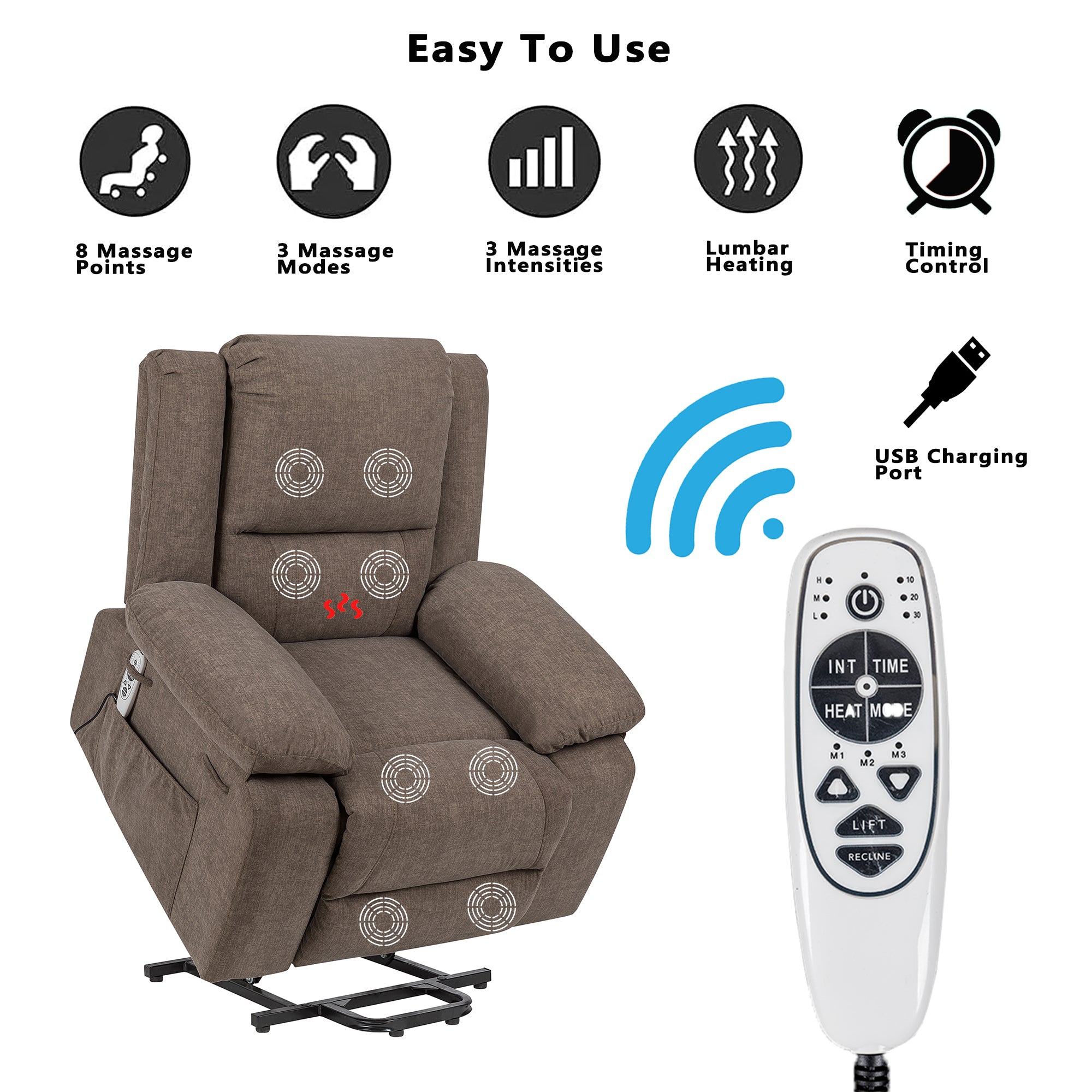 Electric Power Recliner Chair With Massage For Elderly ,Remote Control Multi-function Lifting, Timing, Cushion Heating Chair With Side Pocket Brown