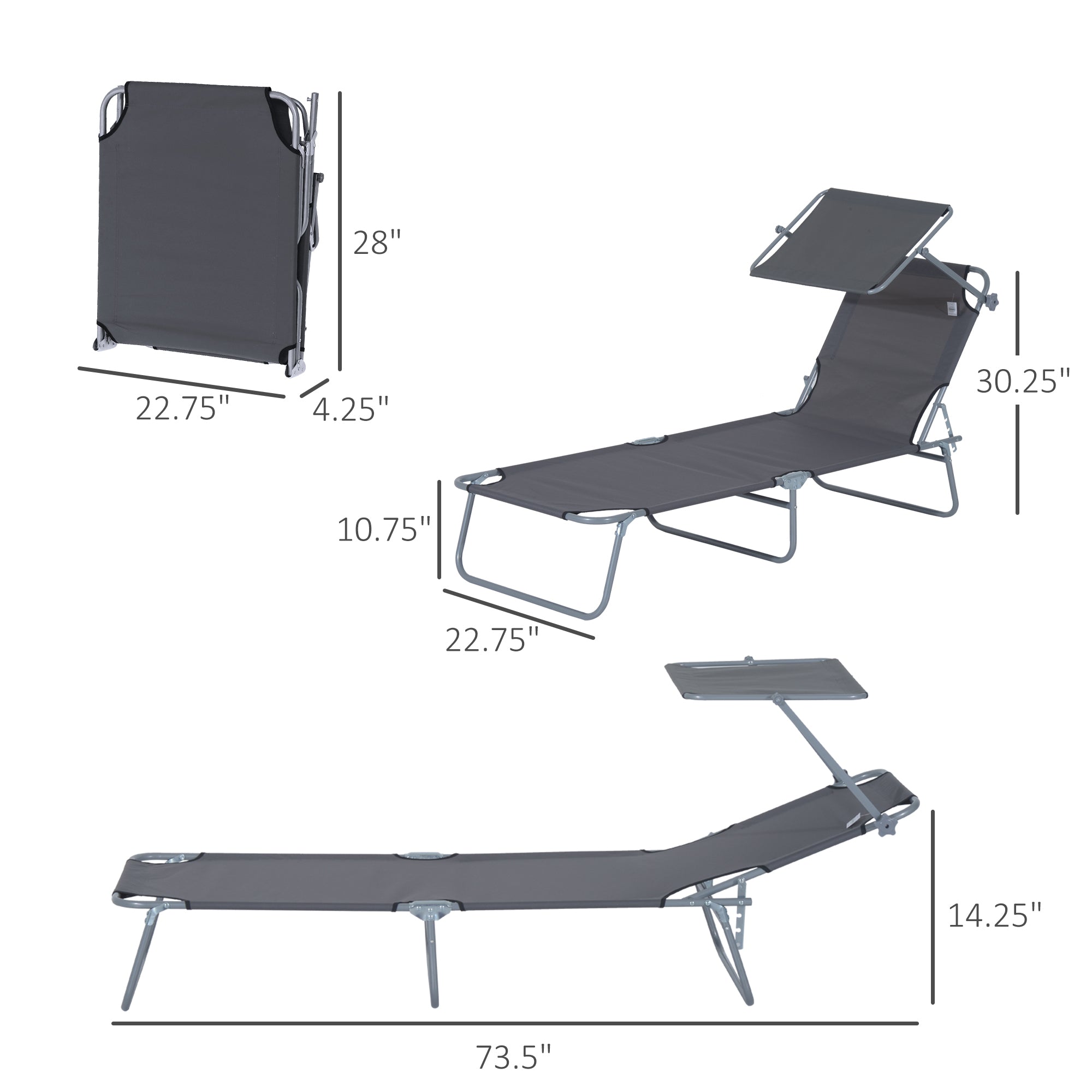 Outsunny Outdoor Lounge Chair, Adjustable Folding Chaise Lounge, Tanning Chair with Sun Shade for Beach, Camping, Hiking, Backyard, Gray