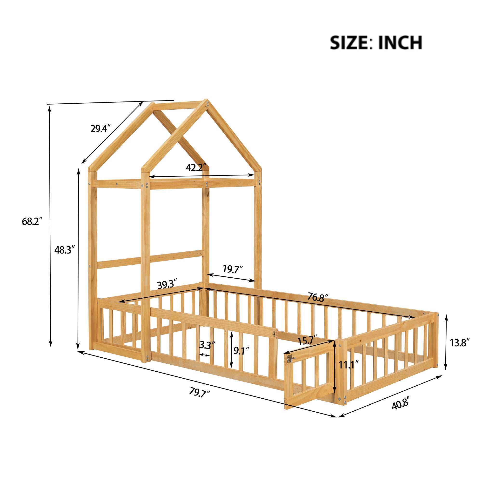 Wooden Floor Bed with Fence Railings and Detachable House Shape Headboard, Twin Size Bed with Kids Dress Up Rack, Kids Montessori Style Playhouse Frame for Girls Boys, Natural