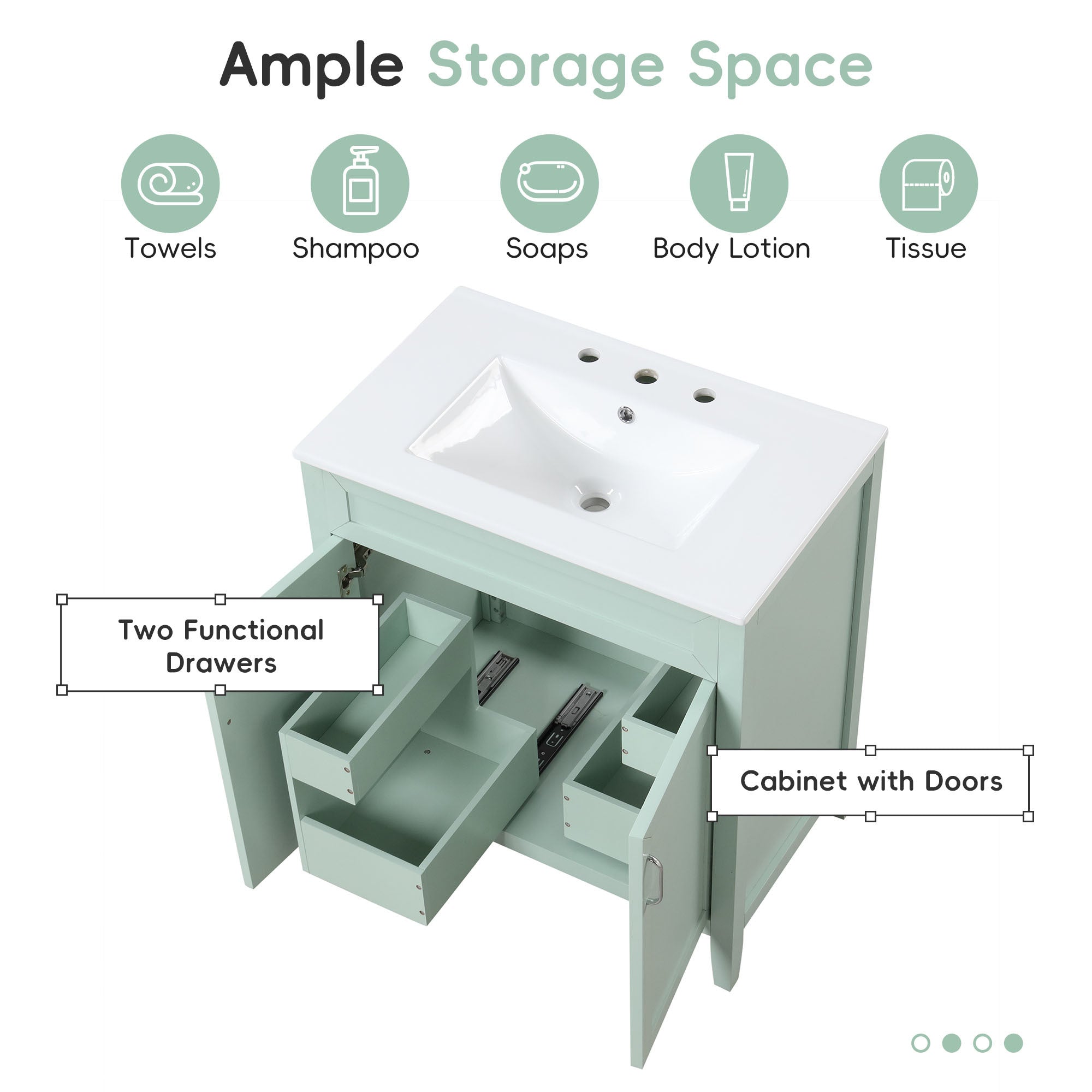 30" Bathroom Vanity with Sink, Multi-functional Bathroom Cabinet with Doors and Drawers, Solid Frame and MDF Board, Green