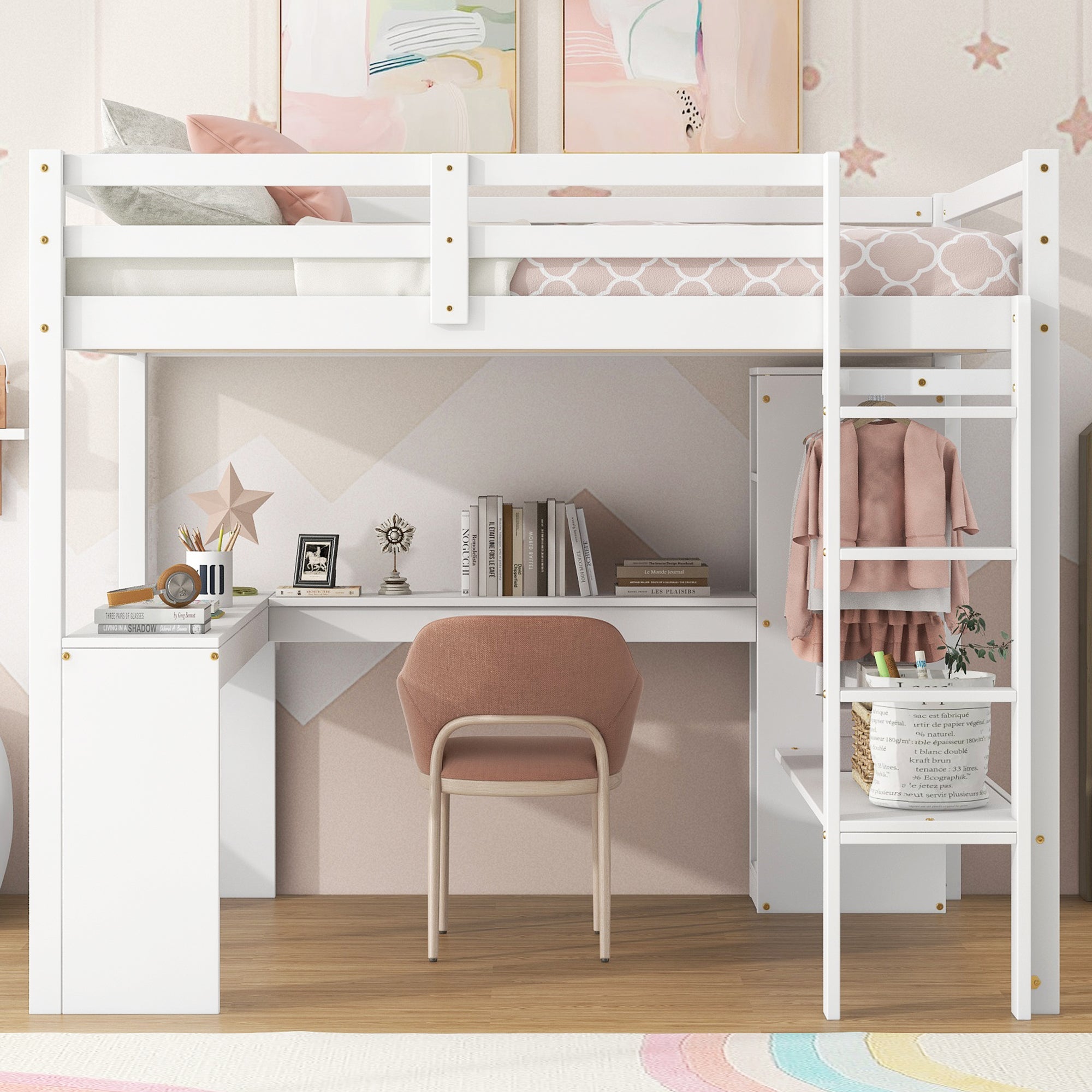 Full Size Loft Bed with L-shaped Desk, Wardrobe and Storage Shelves, White