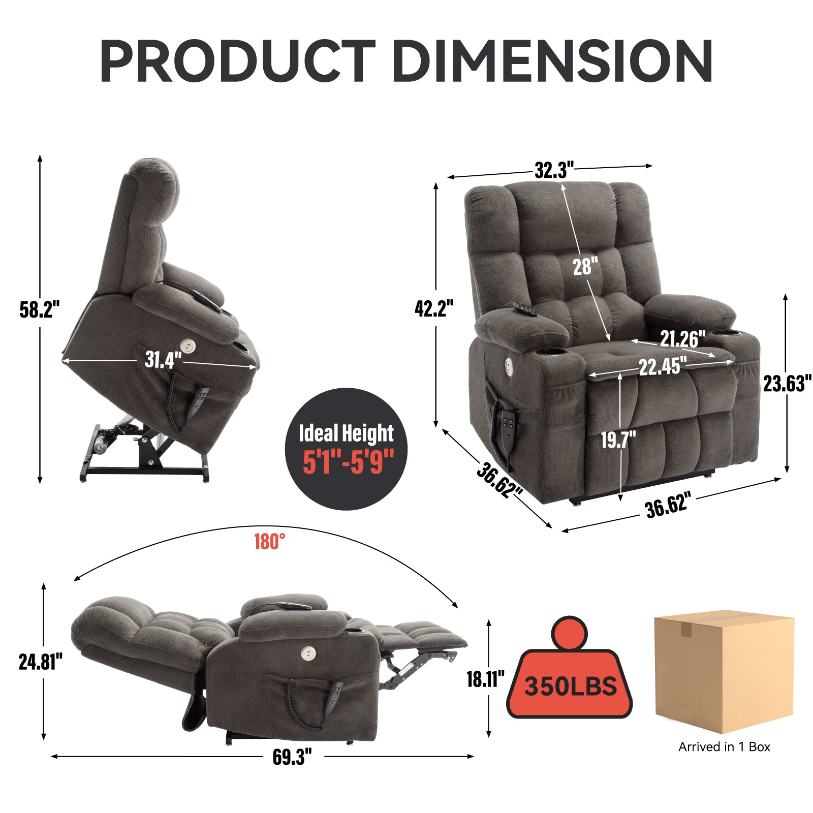 Brown Dual Motor Infinite Position Up to 350 LBS Chenille Power Lift Recliner Chair, Heavy Duty Motion Mechanism with 8-Point Vibration Massage and Lumbar Heating, Dual Cup Holders