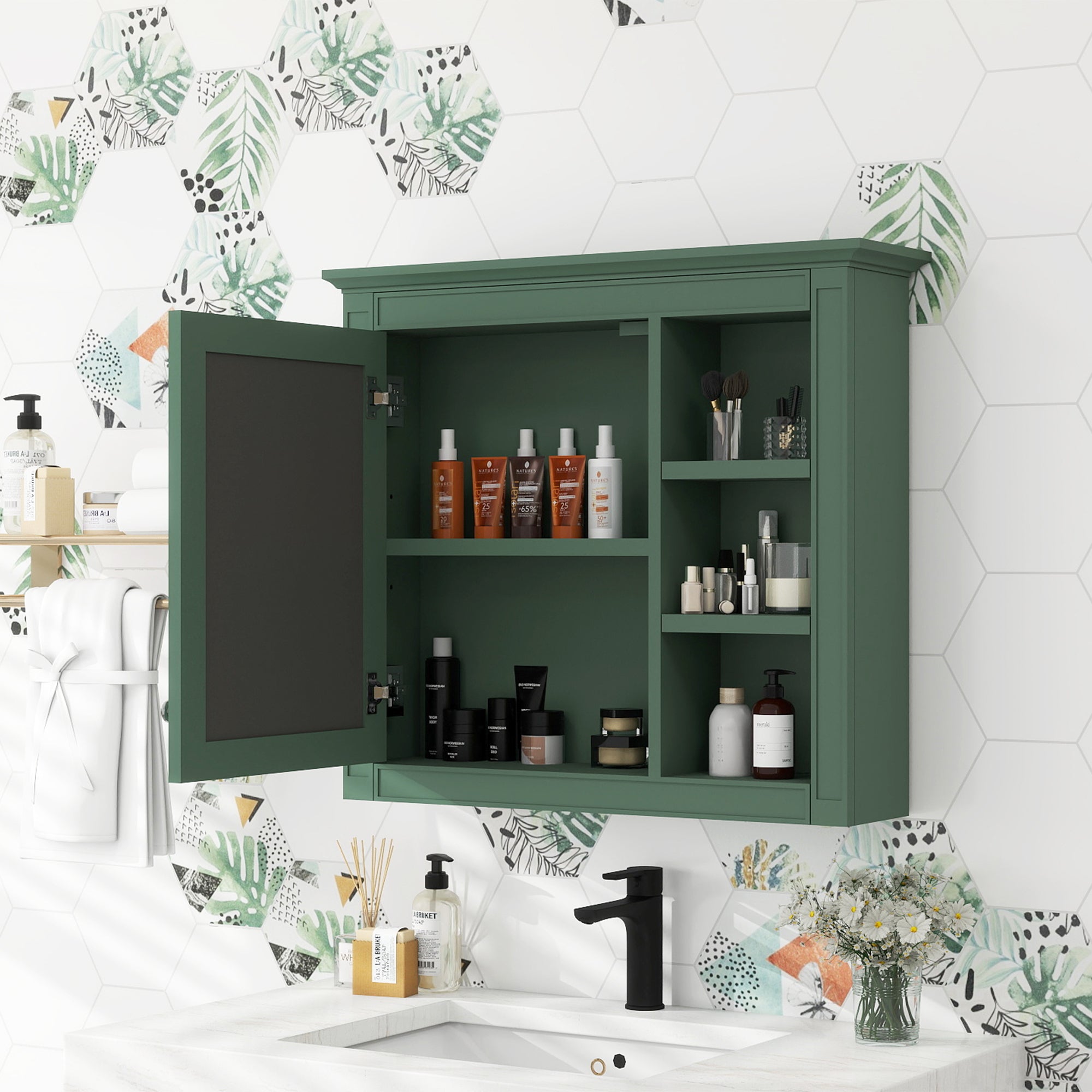 30'' x 28'' Medicine Cabinet, Wall Mounted Bathroom Storage Cabinet, Modern Bathroom Wall Cabinet with Mirror,Medicine Cabinet,  Mirror Cabinet with 3 Open Shelves (Not Include Bathroom Vanity )