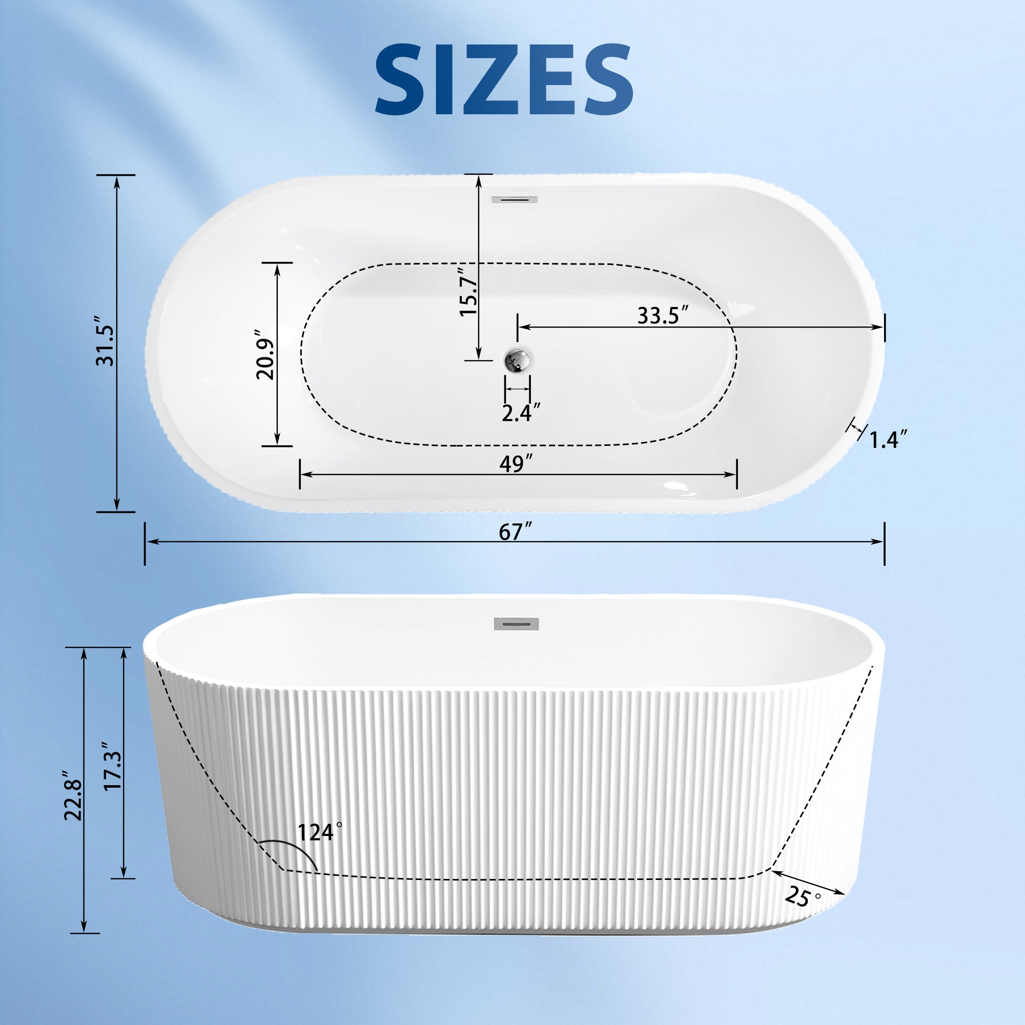 Glossy white soaker tub interior basin detail