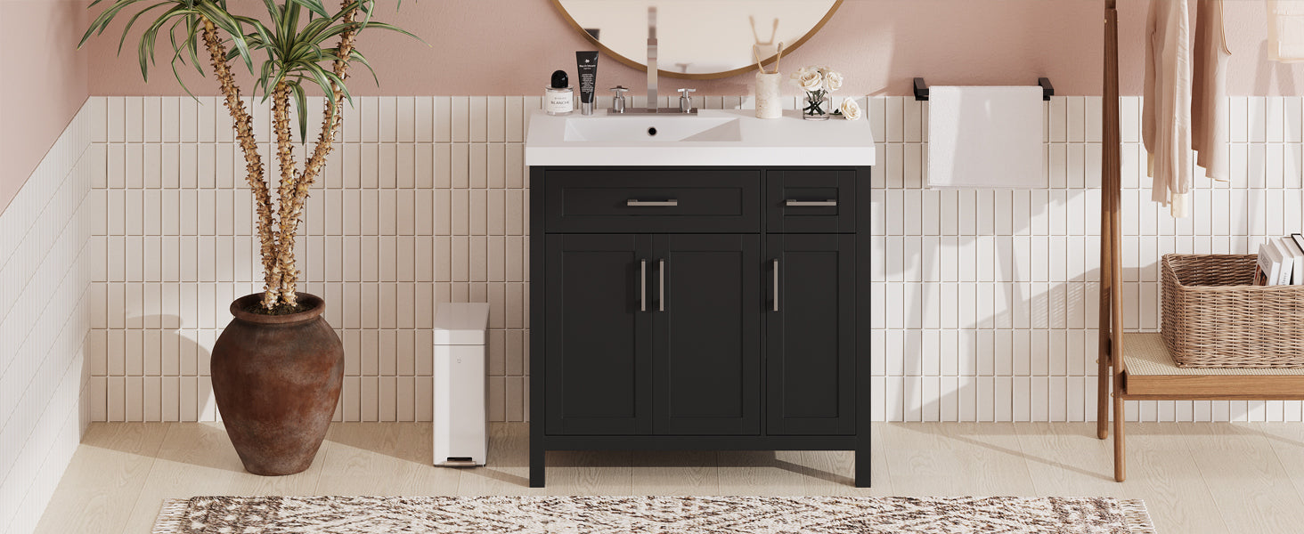 36" Black Bathroom Vanity Cabinet with Resin Integrated Sink - 2 Drawers, 3 Doors