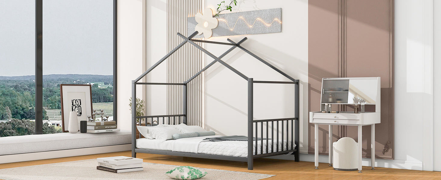 Twin Size Metal House Platform Bed, Black