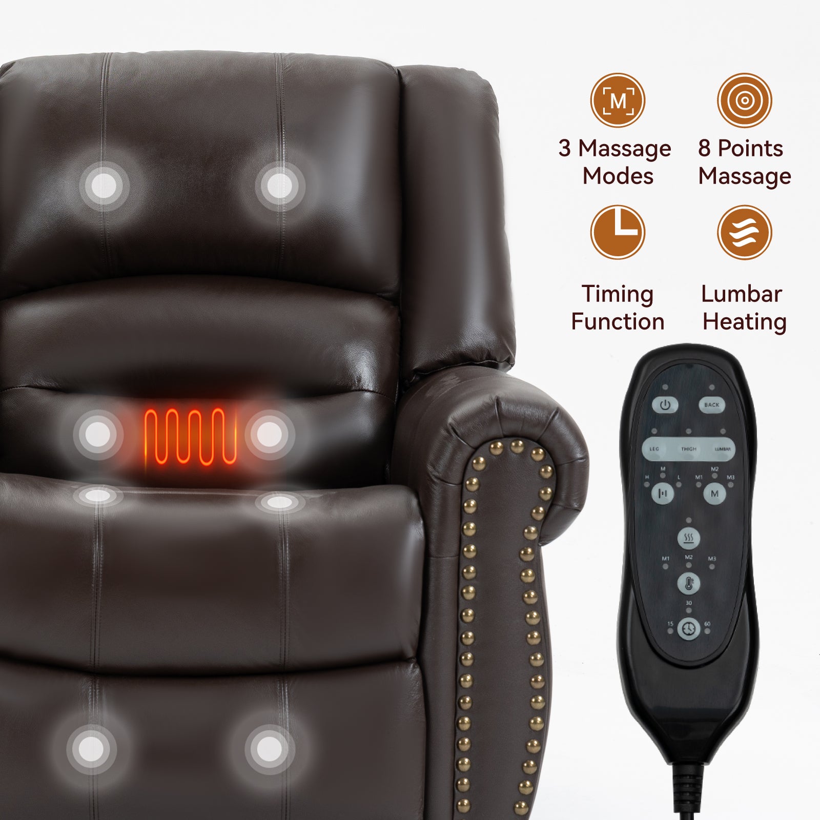 Power Lift Recliner Chair Heat Massage Dual Motor Infinite Position Up to 350 LBS, Genuine Leather, Heavy Duty Motion Mechanism with USB Ports, Brown