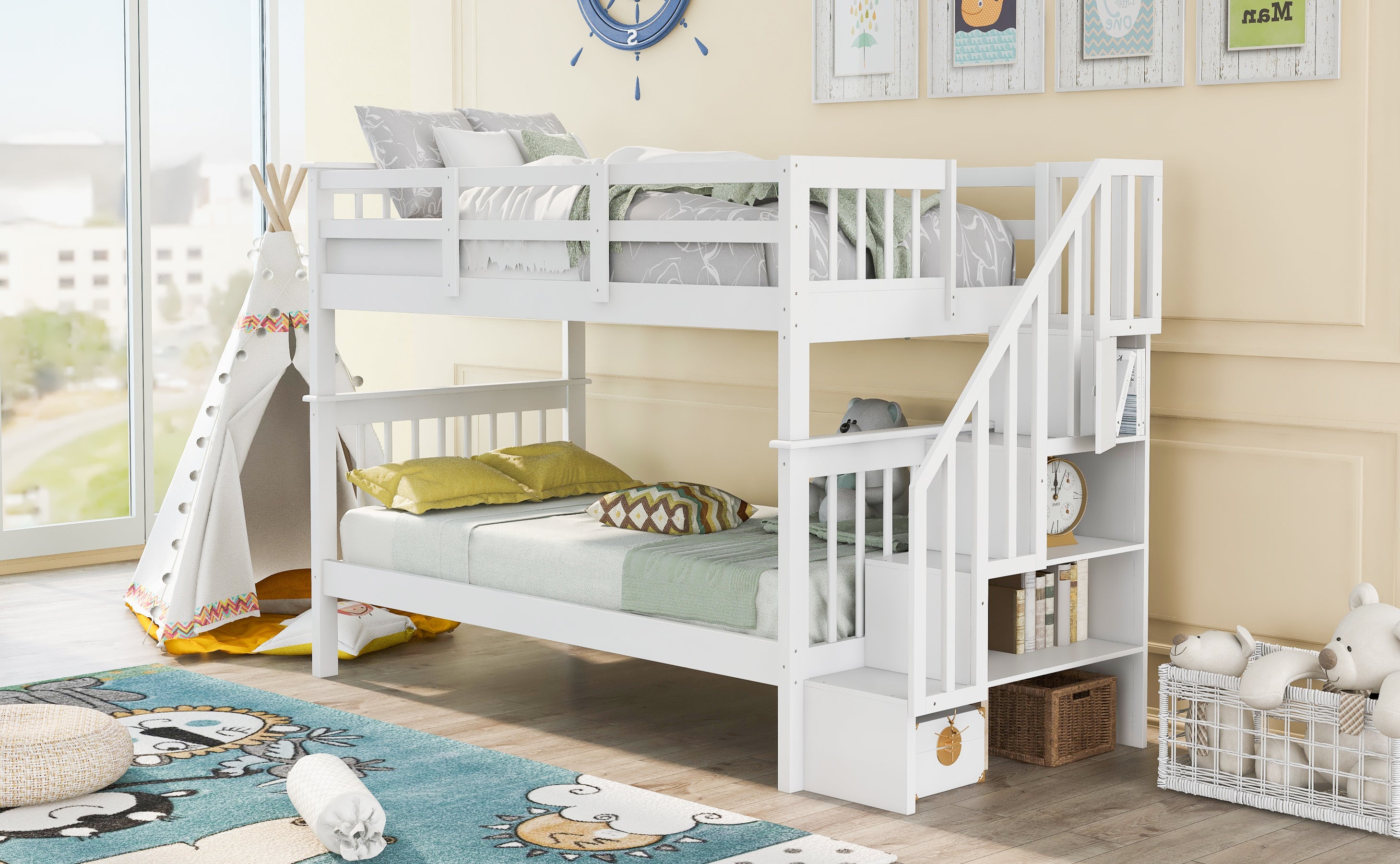 Stairway Twin-Over-Twin Bunk Bed with Storage and Guard Rail for Bedroom, Dorm, White color(OLD SKU :LP000109AAK)