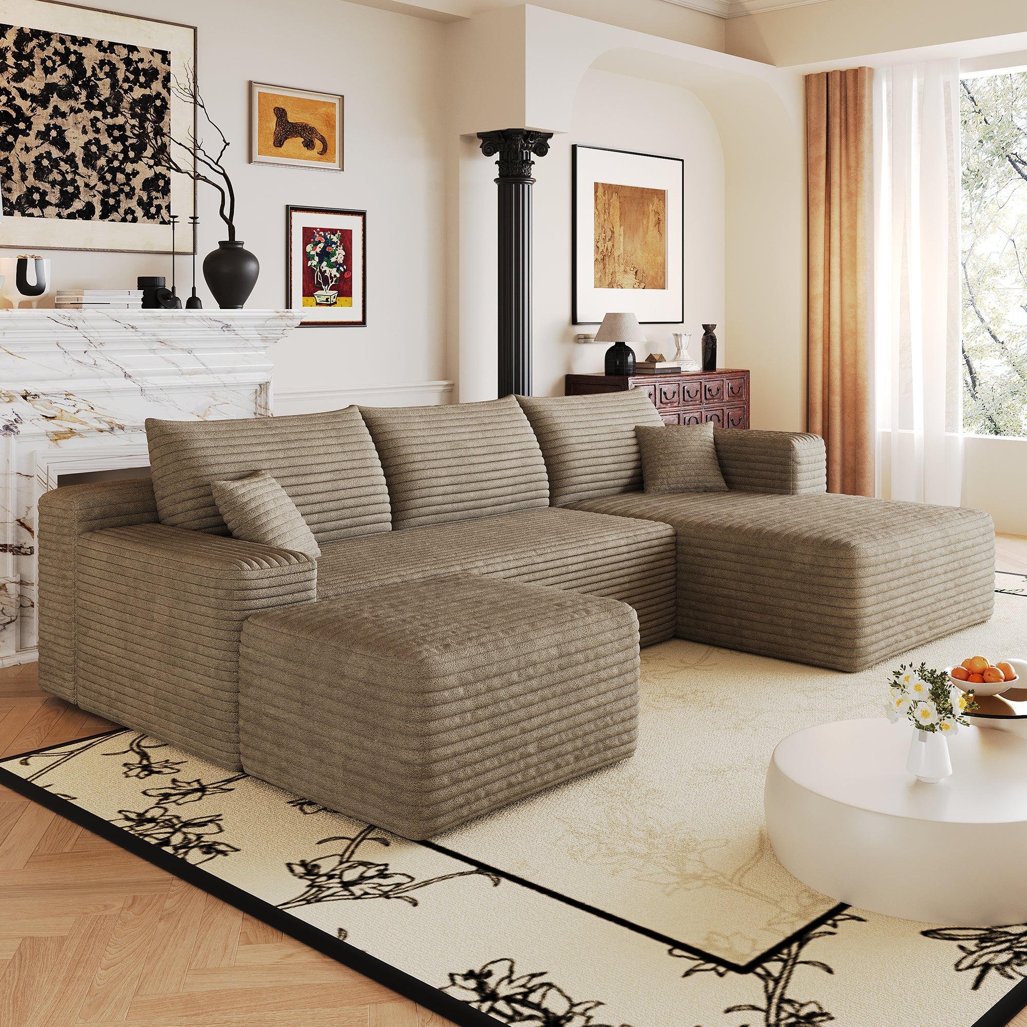 Camel corduroy sectional sofa plush fabric texture detail