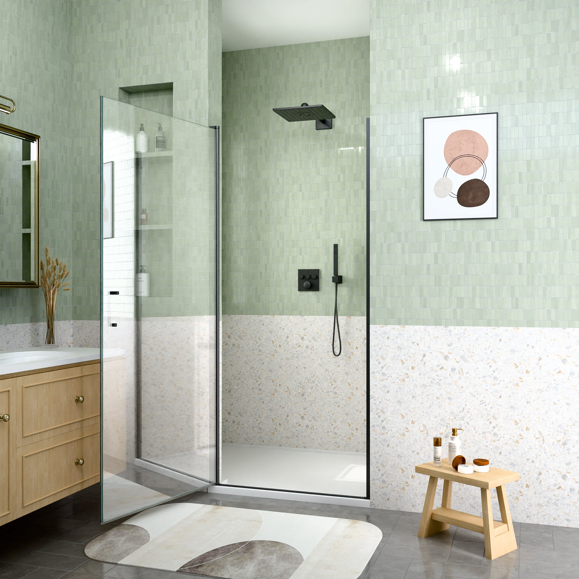 Matte black 34x72 pivot shower door angled view