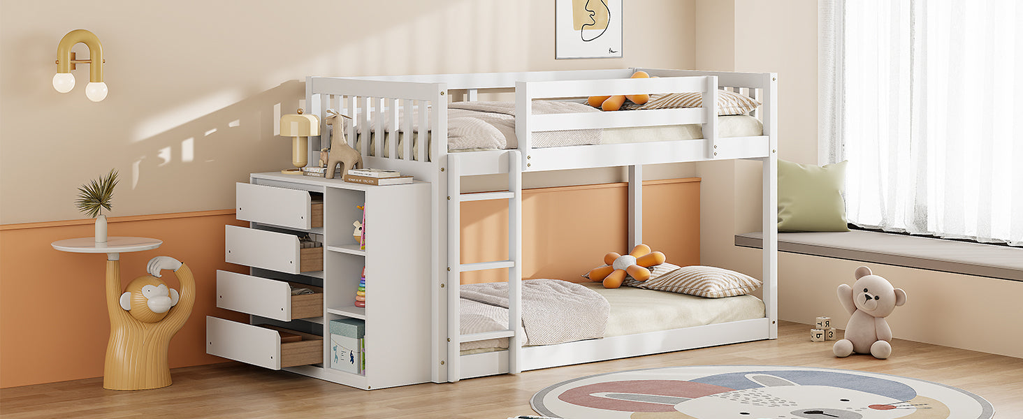 Twin over Twin Bunk Bed with 4 Drawers and 3 Shelves-White