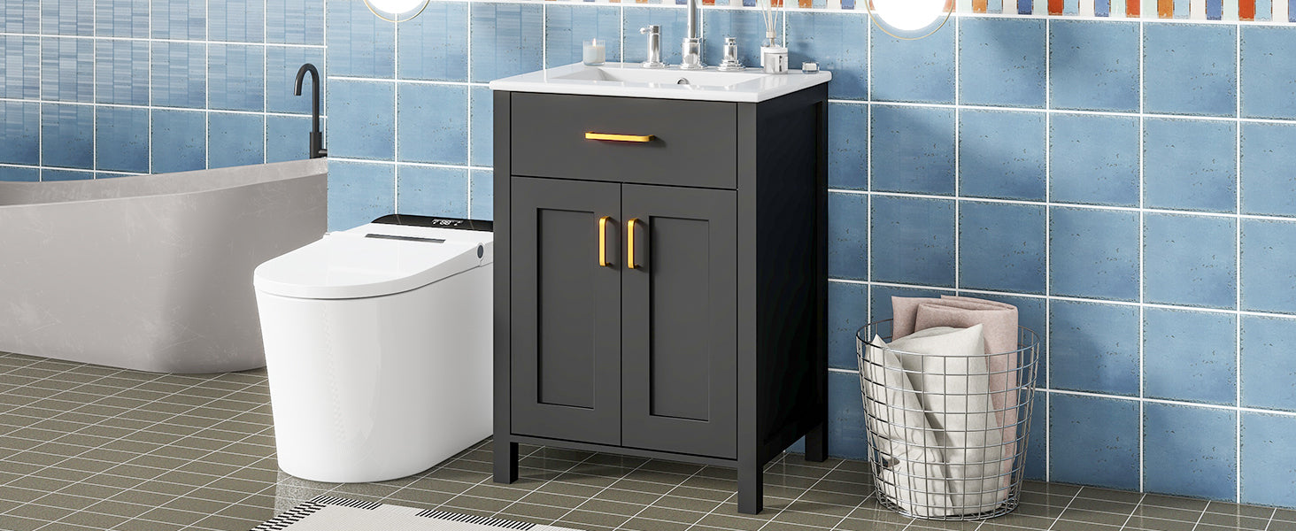 24"Bathroom Vanity Combo with Ceramic sink, Luxurious Space-Saving Vanity - W24"*D18"*H34"inch, 2 Soft Close Doors