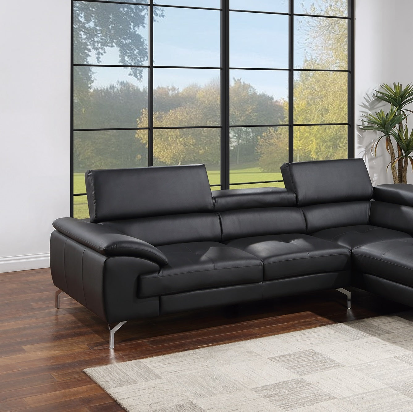 Black Color Sectional Couch 2pc Set Living Room Furniture Faux Leather Right Facing Chaise And Left Facing Sofa Metal Legs