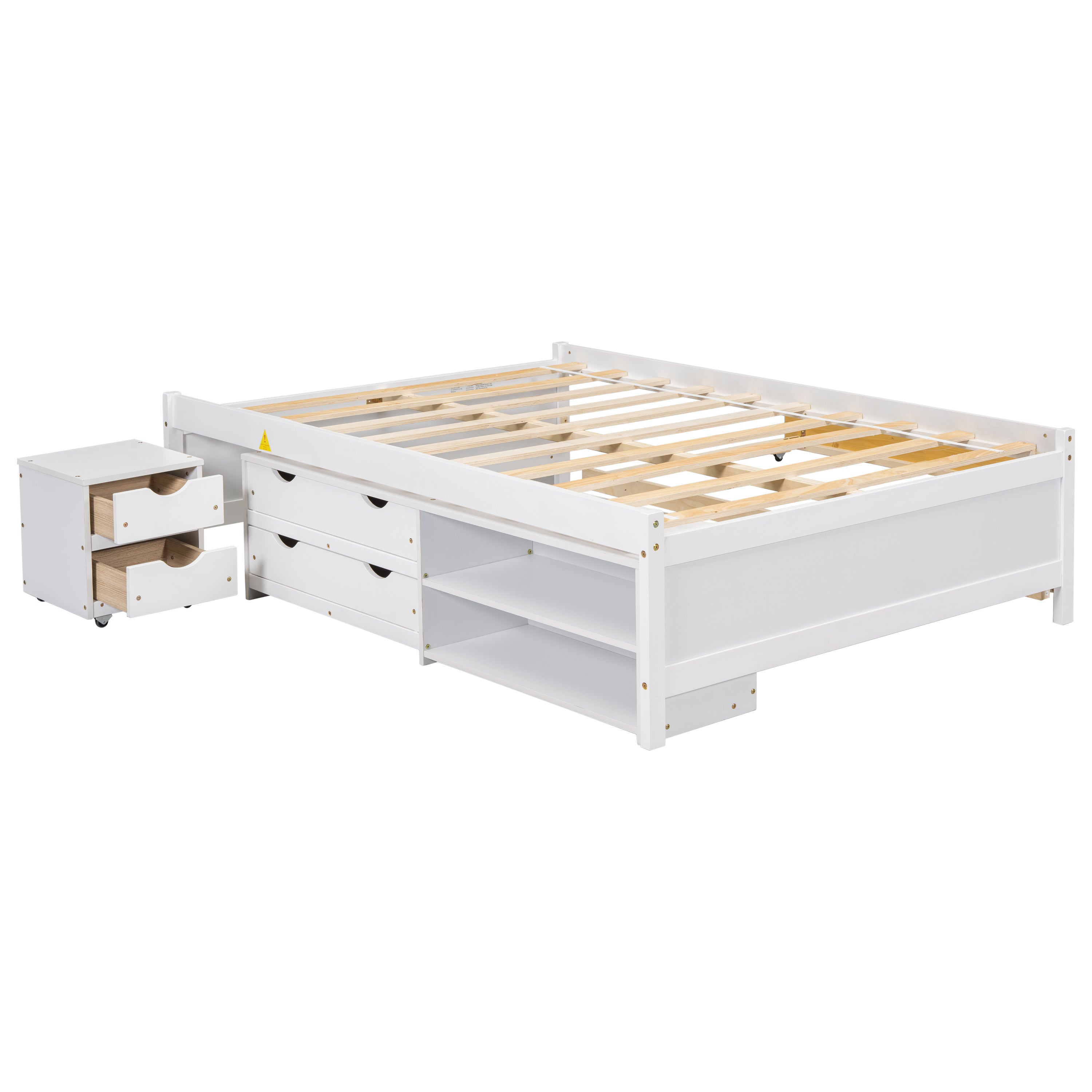 Full Size Storage Bed , Solid Wood Bed with Trundle, Under bed Storage Box of 2 Drawers, Shelves, and Nightstand ,White